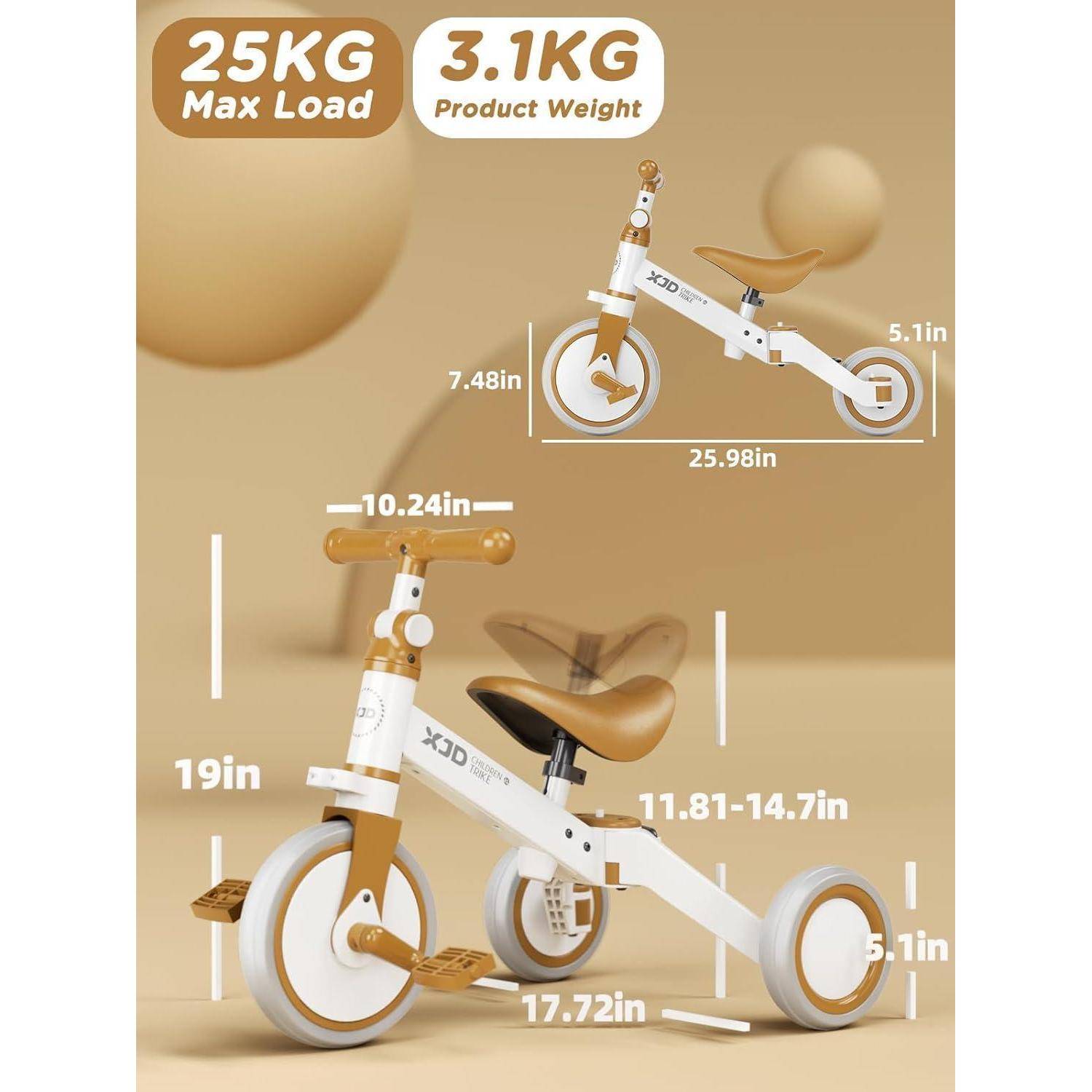 Ein Kleinkind-Dreirad in Beige, unterstützt eine maximale Belastung von 25 kg, wiegt 3,1 kg. Abmessungen: 19 Zoll Höhe, 25,98 Zoll Länge, 10,24 Zoll Breite.