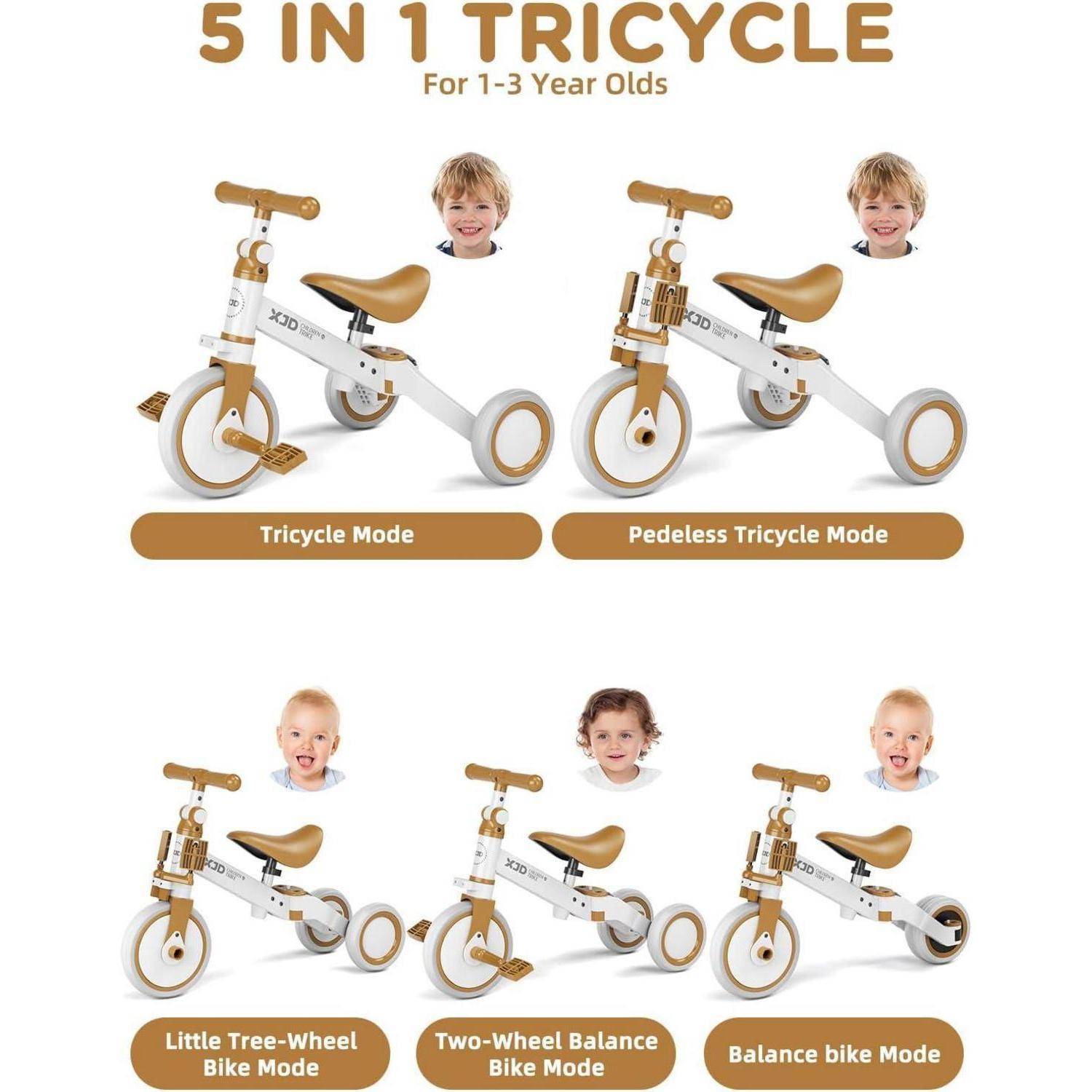 5-in-1 Dreirad für 1-3-Jährige' mit Darstellung der Konfigurationen: Dreirad-Modus, Tretkurbel-loses Dreirad-Modus, Kleines Dreirad-Fahrrad-Modus, Zwei-Rad-Laufrad-Modus, Laufrad-Modus. Inklusive Bilder lächelnder Kinder.