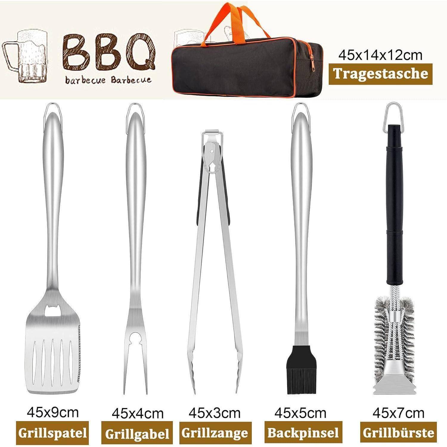 BBQ Barbecue Grillwerkzeug-Set mit Tragetasche; enthält Pfannenwender, Gabel, Zange, Backpinsel, Grillbürste. Werkzeuggrößen reichen von 45x3 cm bis 45x9 cm.