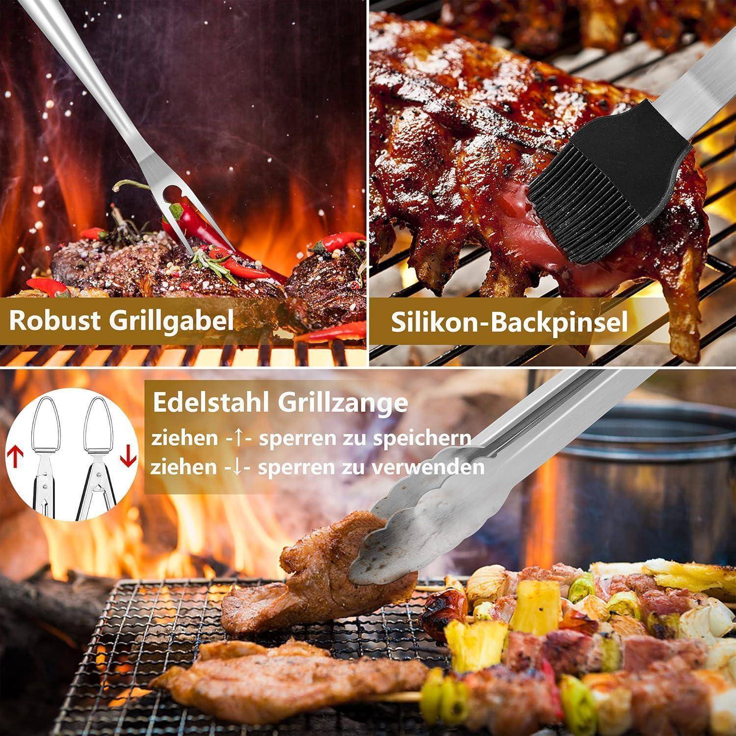 Grillzange, die Essen von einem Grill mit Steaks und Gemüse hebt; Beschriftungen heben eine robuste Grillgabel und einen Silikonpinsel hervor.