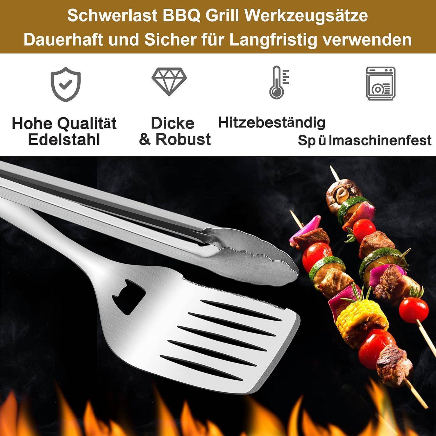Hochwertiges, langlebiges BBQ-Grillwerkzeug-Set mit Pfannenwender und Zange. Spieße mit Gemüse und Fleisch, die über offenen Flammen gegart werden.