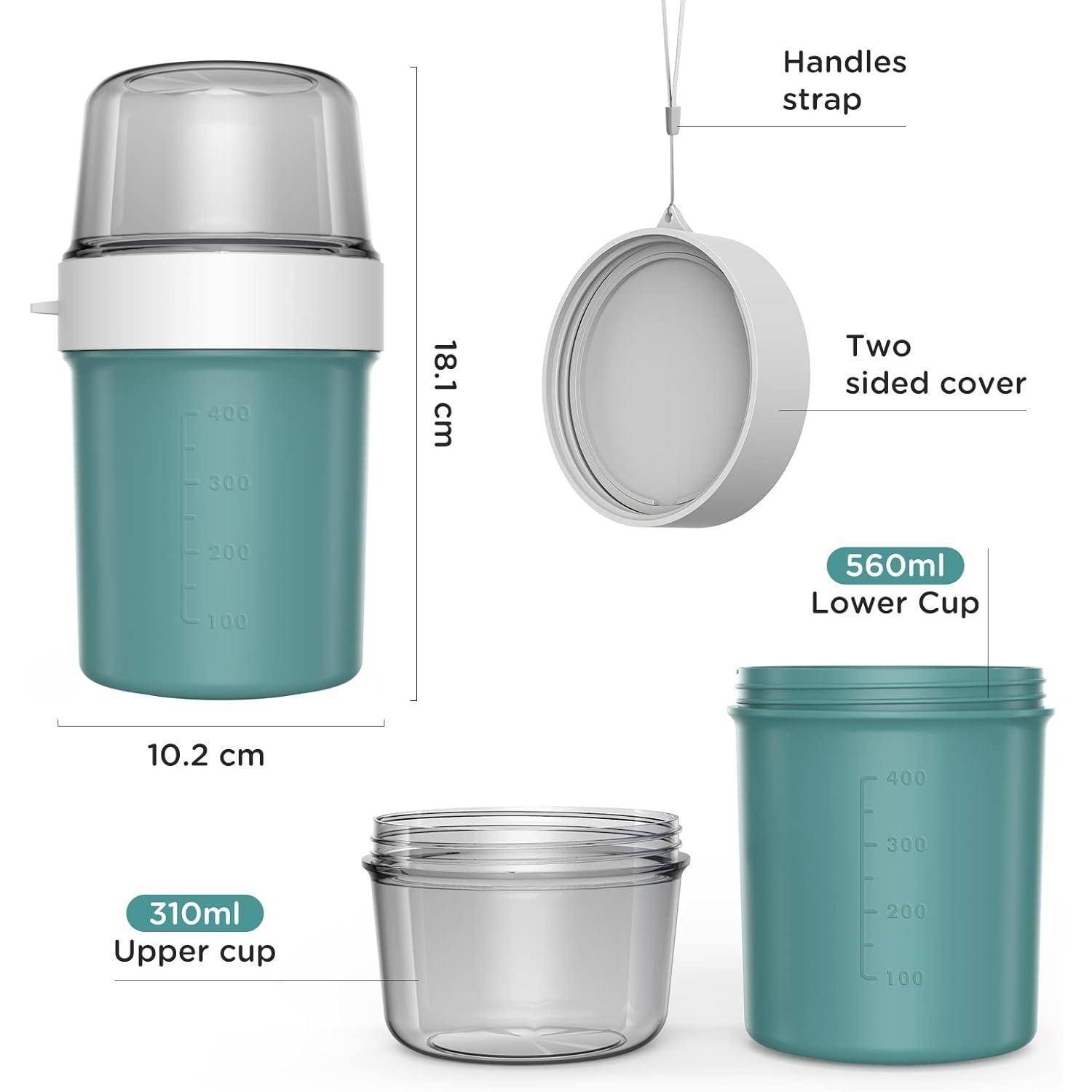 Set aus zwei Tassen mit einem zweiseitigen Deckel und Trageriemen, misst 18,1 cm in der Höhe und 10,2 cm in der Breite. Volumina: 310 ml und 560 ml.