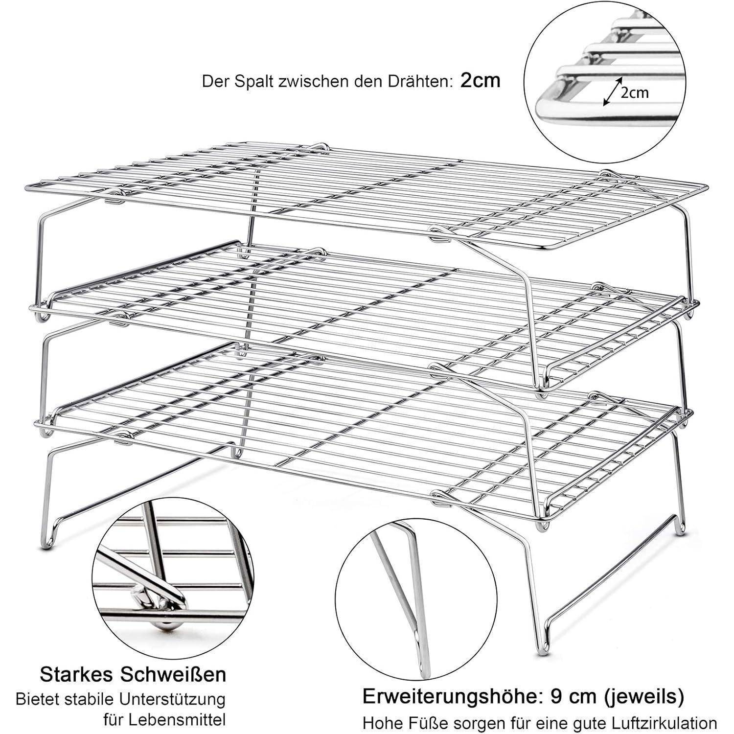 Ein dreistufiges Kühlregal aus Edelstahl. Zu den Schlüsseldetails gehören ein 2 cm Abstand zwischen den Drähten, hohe Füße für Luftzirkulation und starke Schweißnähte zur Lebensmittelunterstützung.