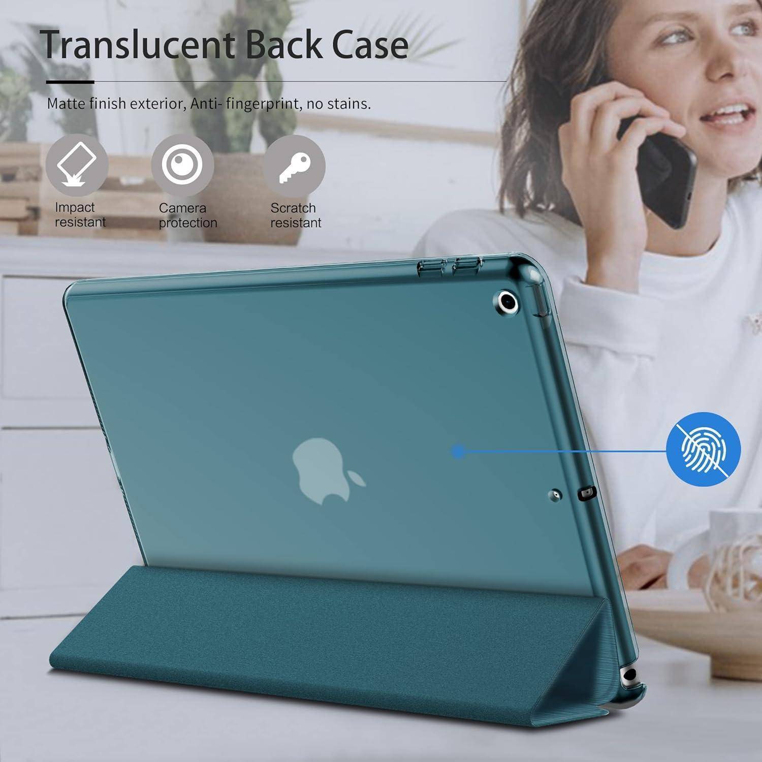 Eine Person, die telefoniert, mit einem durchscheinenden Rückengehäuse auf einem Tablet im Vordergrund. Der Text hebt die matte Oberfläche und die Fingerabdruckresistenz hervor.