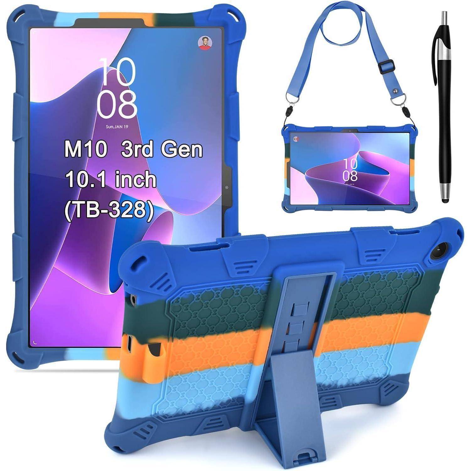 Tablet mit blauem und orangefarbenem robustem Gehäuse, Ständer und Riemen. Wird von einem Stylus-Stift begleitet. Display zeigt die Zeit '10:08' und das Modell 'M10 3. Generation'.