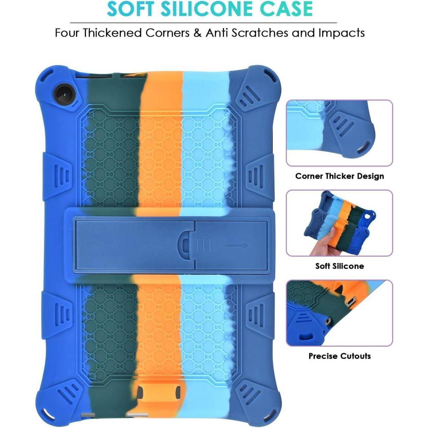 Silikonhülle aus weichem Material für Tablets, mit verstärkten Ecken für optimalen Schutz und präzisen Ausschnitten. Design in Blau, Orange und Grün.