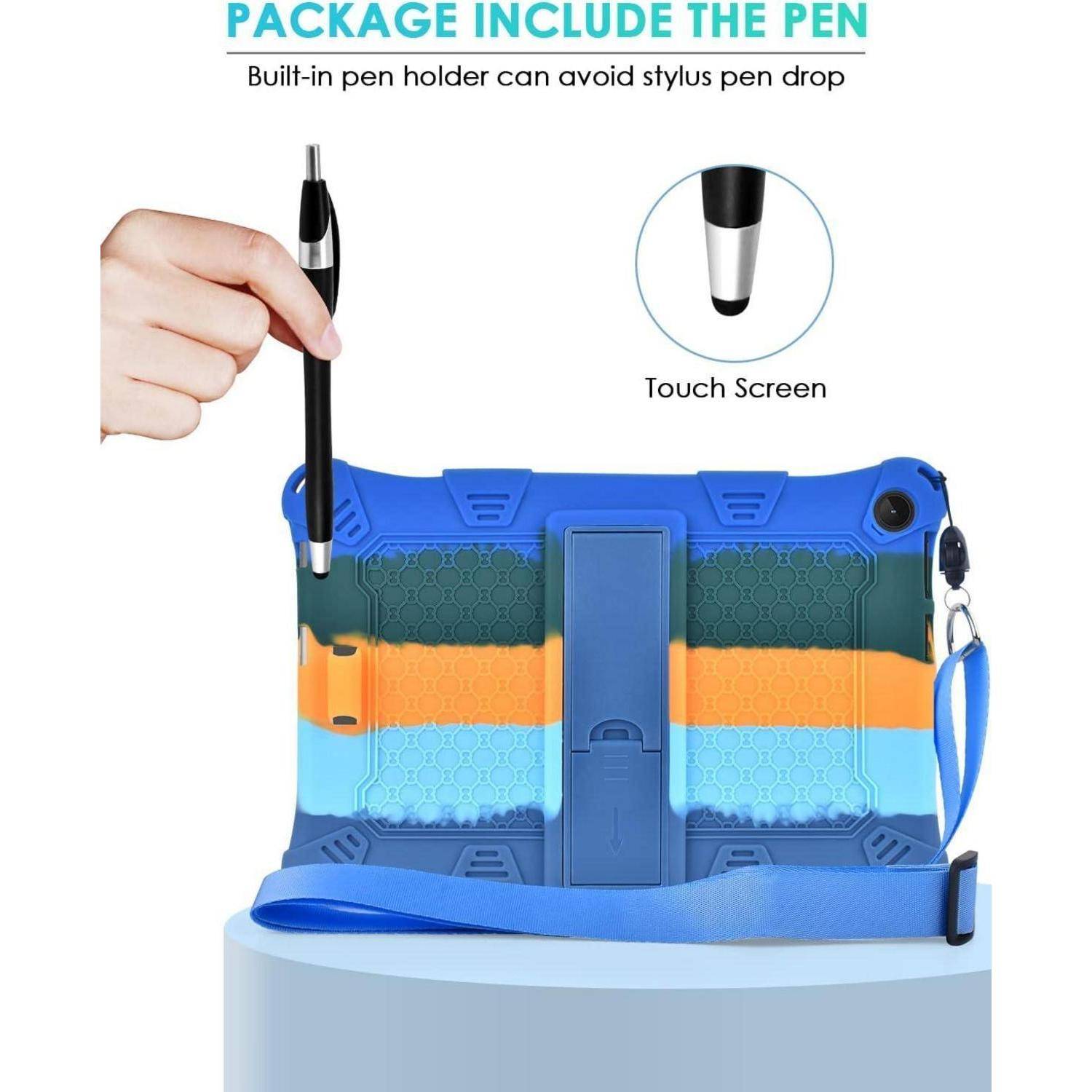Eine Hand hält einen Stylus über eine blaue, robuste Tablet-Hülle mit orange und gelben Streifen. Text liest sich: 