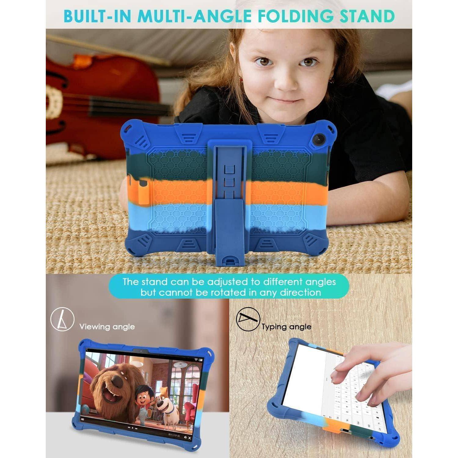 Ein Kind lächelt, während es ein Tablet mit einem blau-orangefarbenen Ständer verwendet. Zwei Bilder darunter zeigen Ständerpositionen für das Anschauen und Tippen.