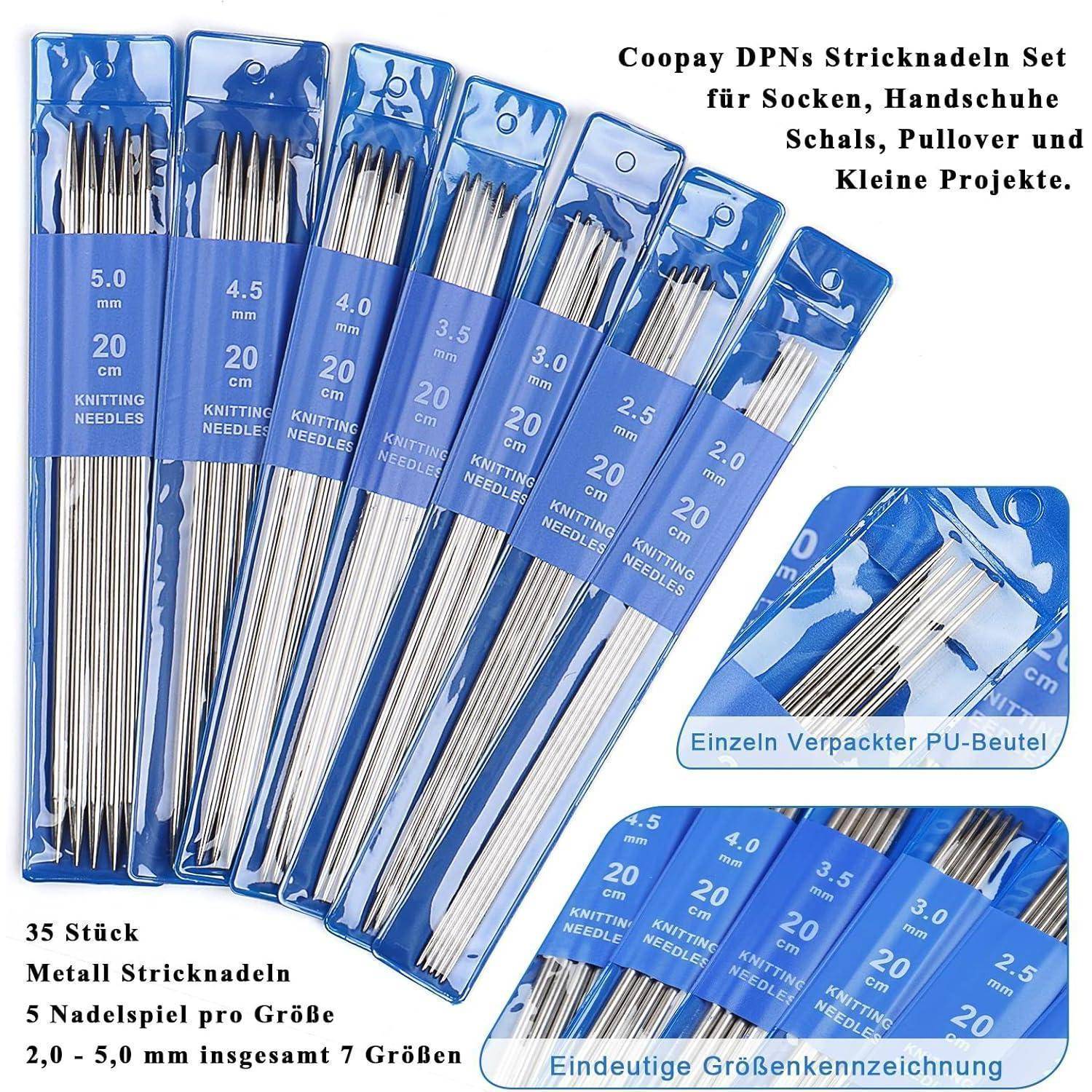 Stricknadel-Set beschriftet, mit Größen von 2,0 bis 5,0 mm, jeweils in Fünfer-Packungen, geeignet für Socken, Handschuhe und andere kleine Projekte.