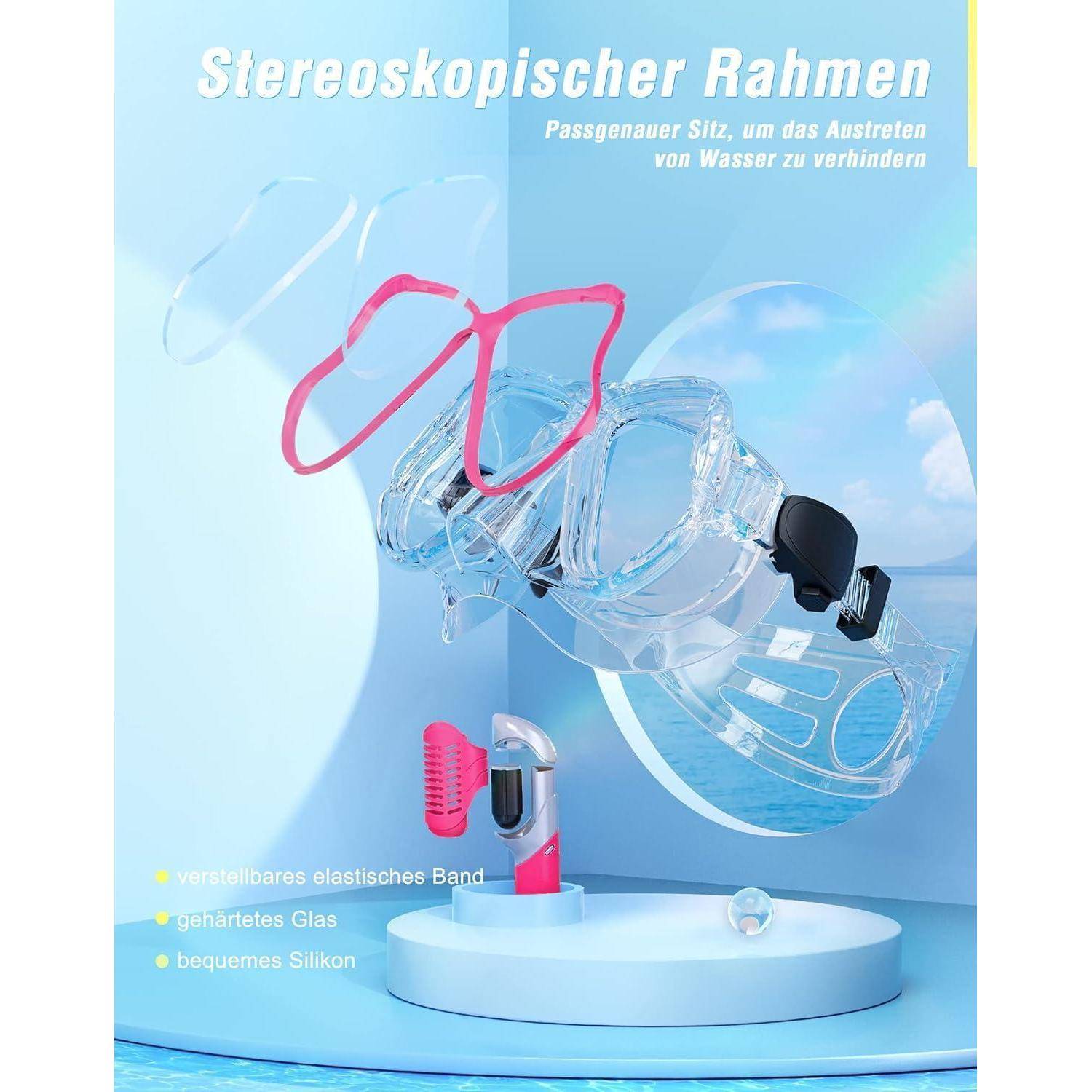 Das Bild zeigt eine Schnorchelmaske und Zubehör, die mit 'Stereoskopischer Rahmen' beschriftet sind, mit Merkmalen wie Gummiband, gehärtetem Glas und Silikon.