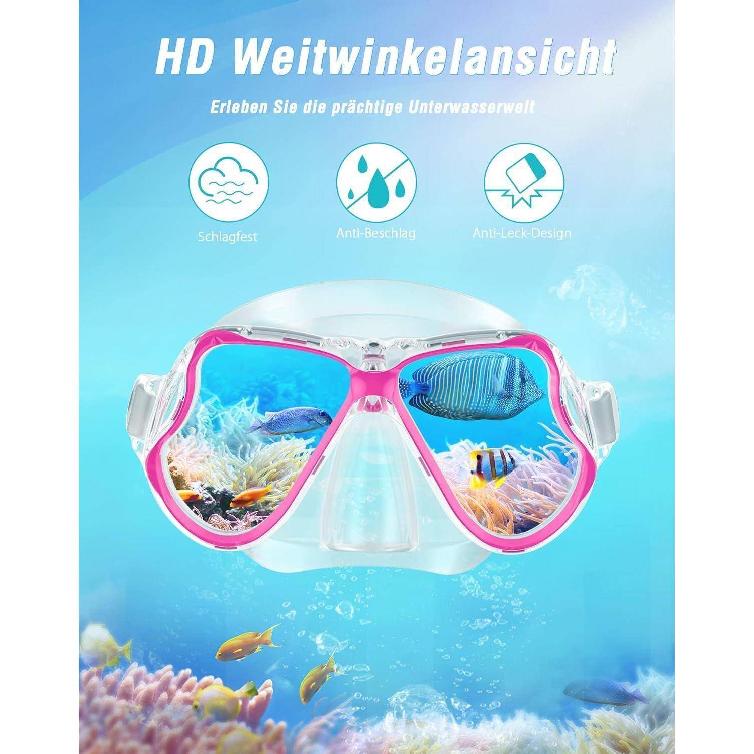 Eine Schnorchelmaske mit 'HD Weitwinkelansicht'-Beschriftung, die einen klaren, weiten Unterwasserblick mit Fischen und Korallen zeigt und dabei die Funktionen Stoßfestigkeit, Beschlag- und Wasserdichtigkeit hervorhebt.