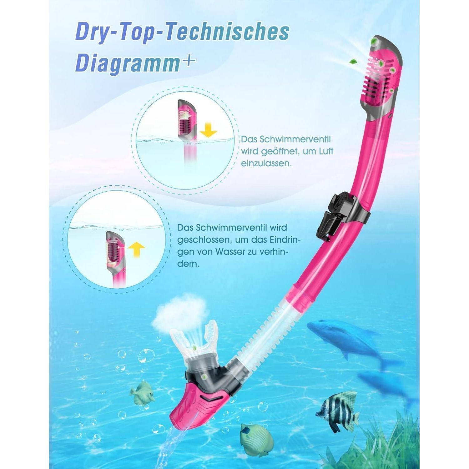 Bild mit einem rosa Schnorchel und dem Text 'Dry-Top-Technisches Diagramm'. Insets veranschaulichen die Funktion des Ventils, Luft einzulassen und Wassereintritt zu verhindern.