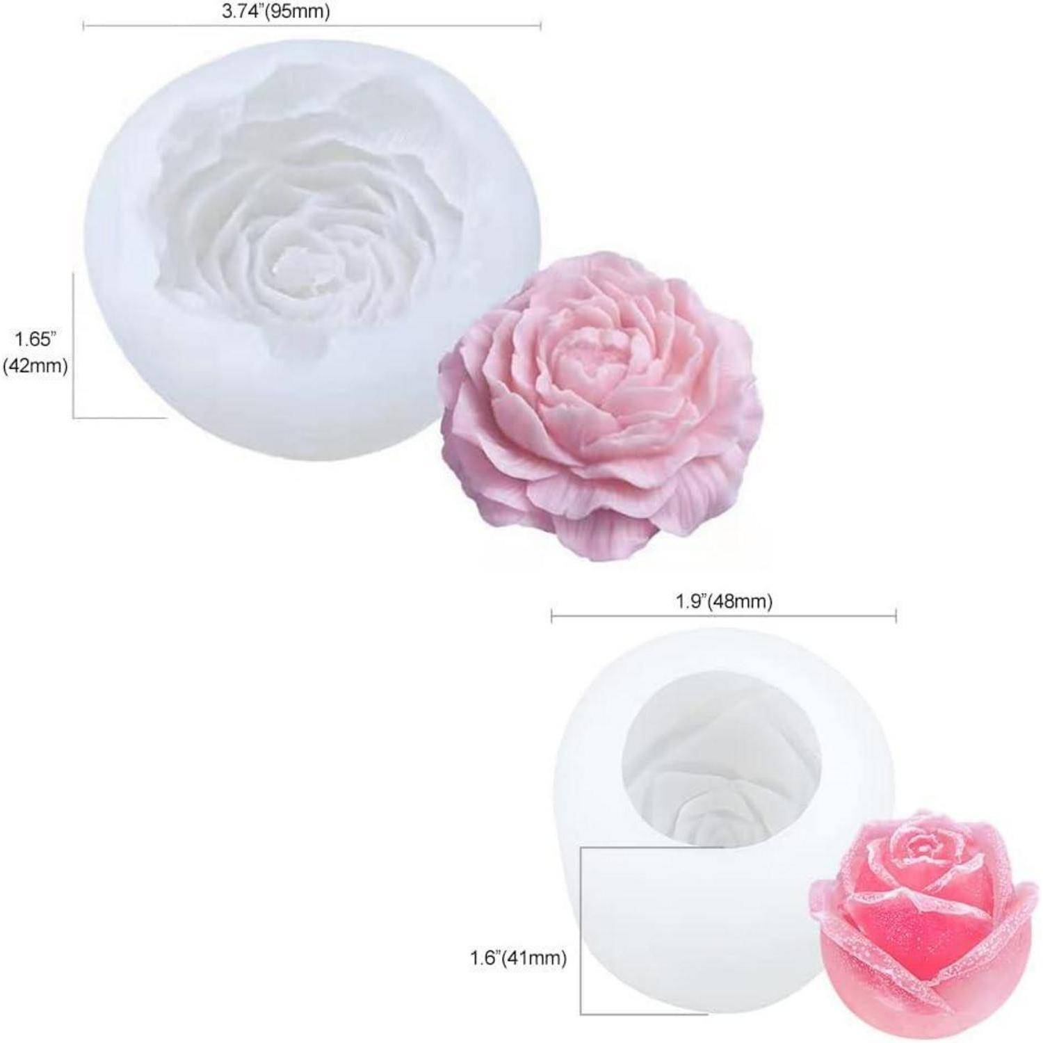 Silikonformen zum Herstellen von rosenförmigen Gegenständen. Obere Form ist weiß und misst 3,74 Zoll in der Breite. Untere Form ist rund und formt eine rosa Rose.