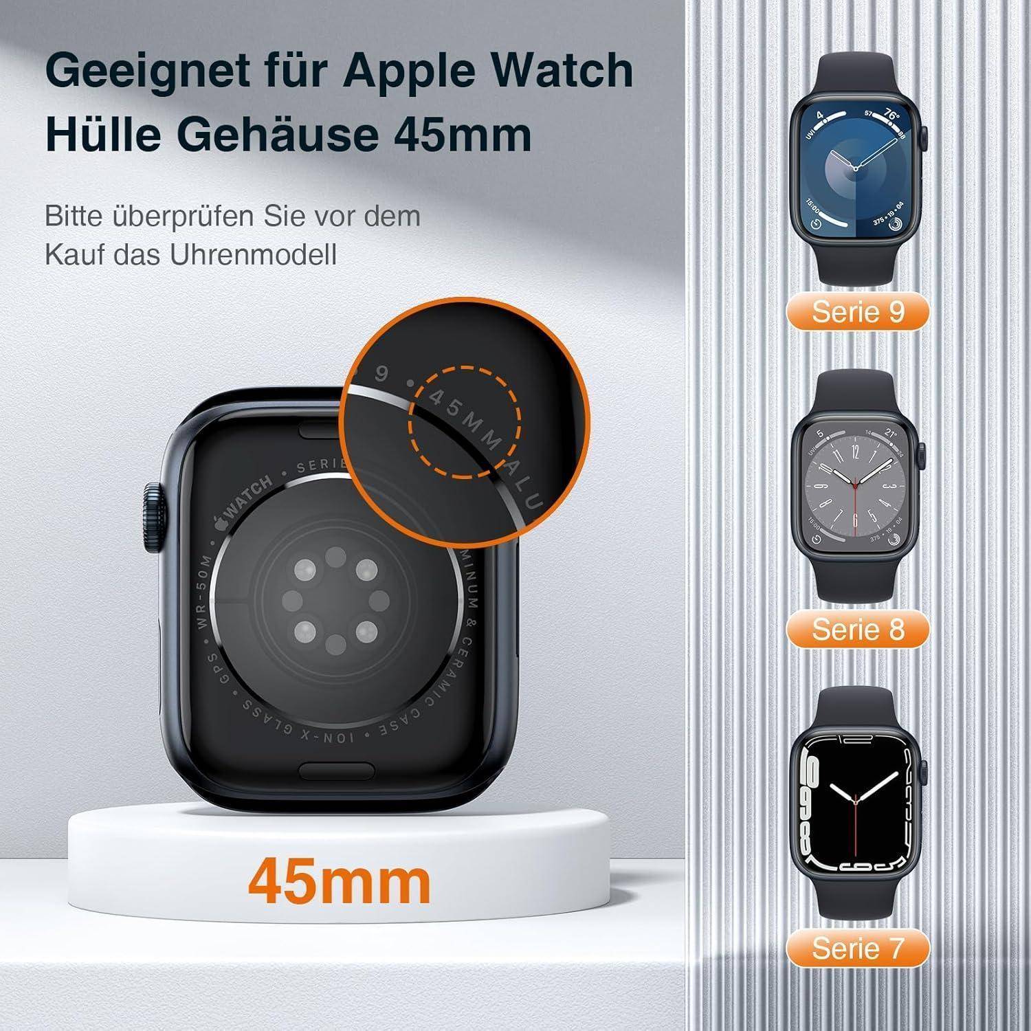 Apple Watch Gehäuse-Vergleich der Modelle: Serie 9, 8, 7. Text weist auf Kompatibilität mit 45-mm-Gehäuse hin. Modell vor dem Kauf überprüfen.