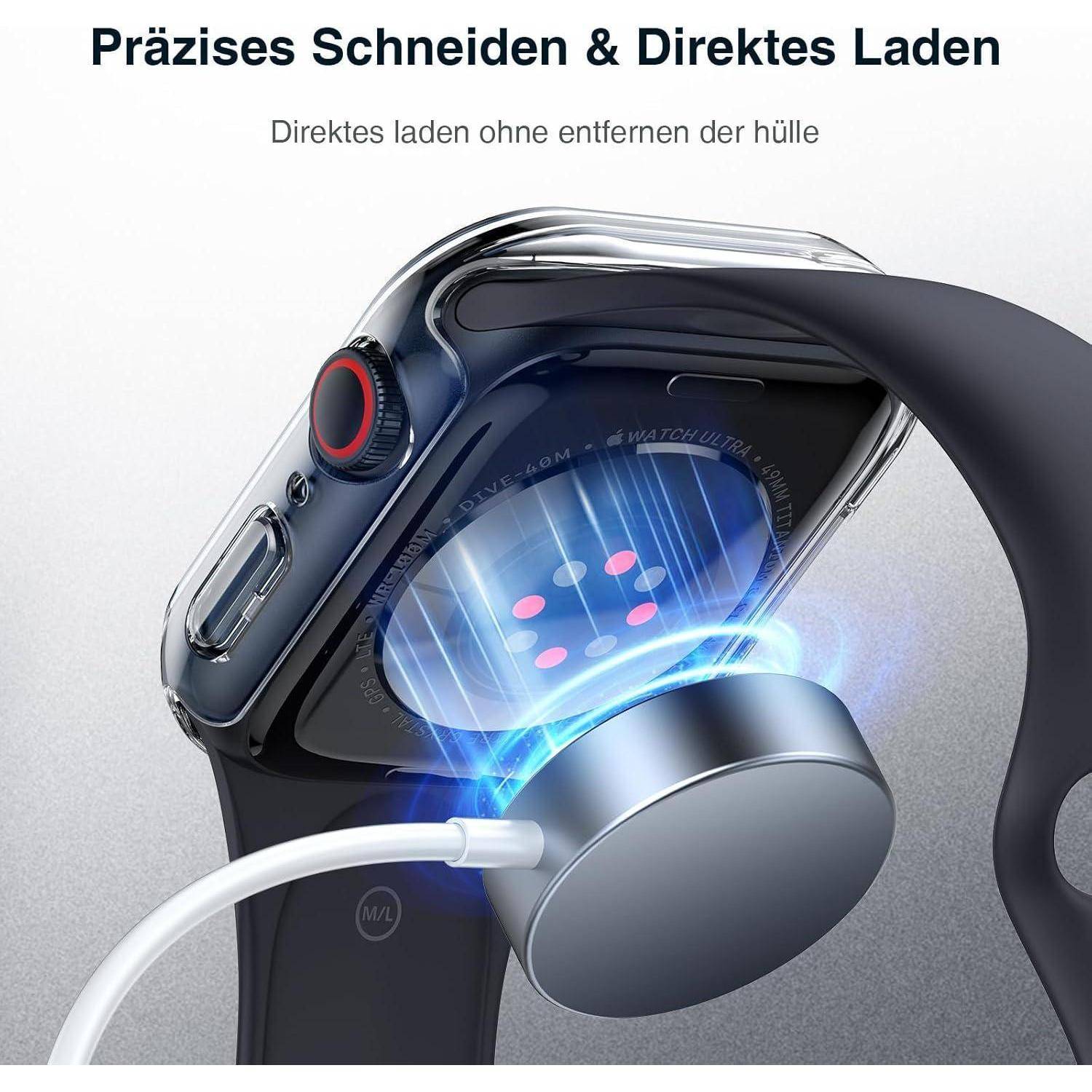 Eine Smartwatch mit einem Metallladegerät, das am Rücken angeschlossen ist und präzise Ladetechnologie zeigt, und zwar selbst mit aufgesetztem Gehäuse.