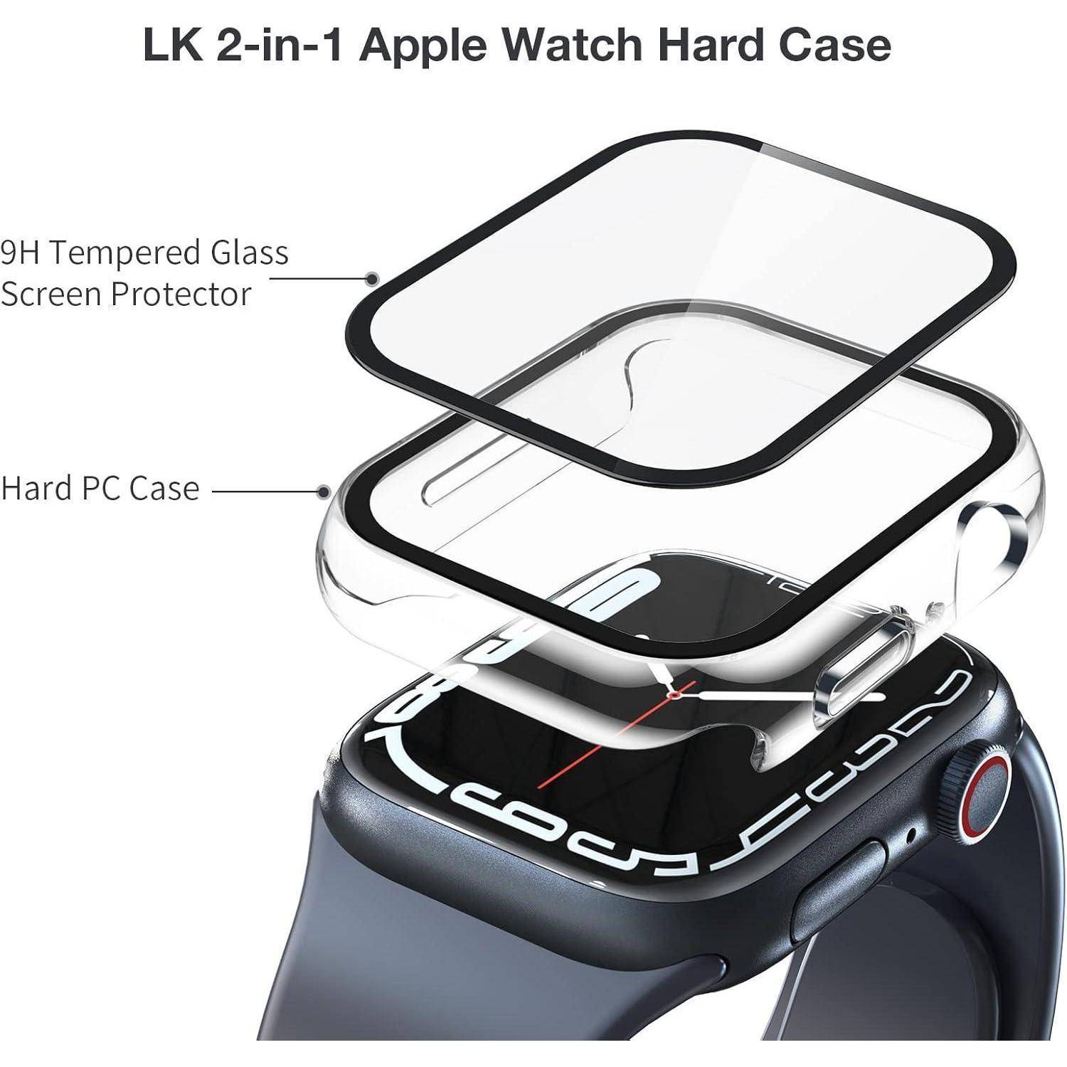 LK 2-in-1 Apple Watch Hartschale' mit einer geschichteten Konstruktion, bestehend aus einer 9H Panzerglas-Displayschutzfolie und einem harten PC-Gehäuse.