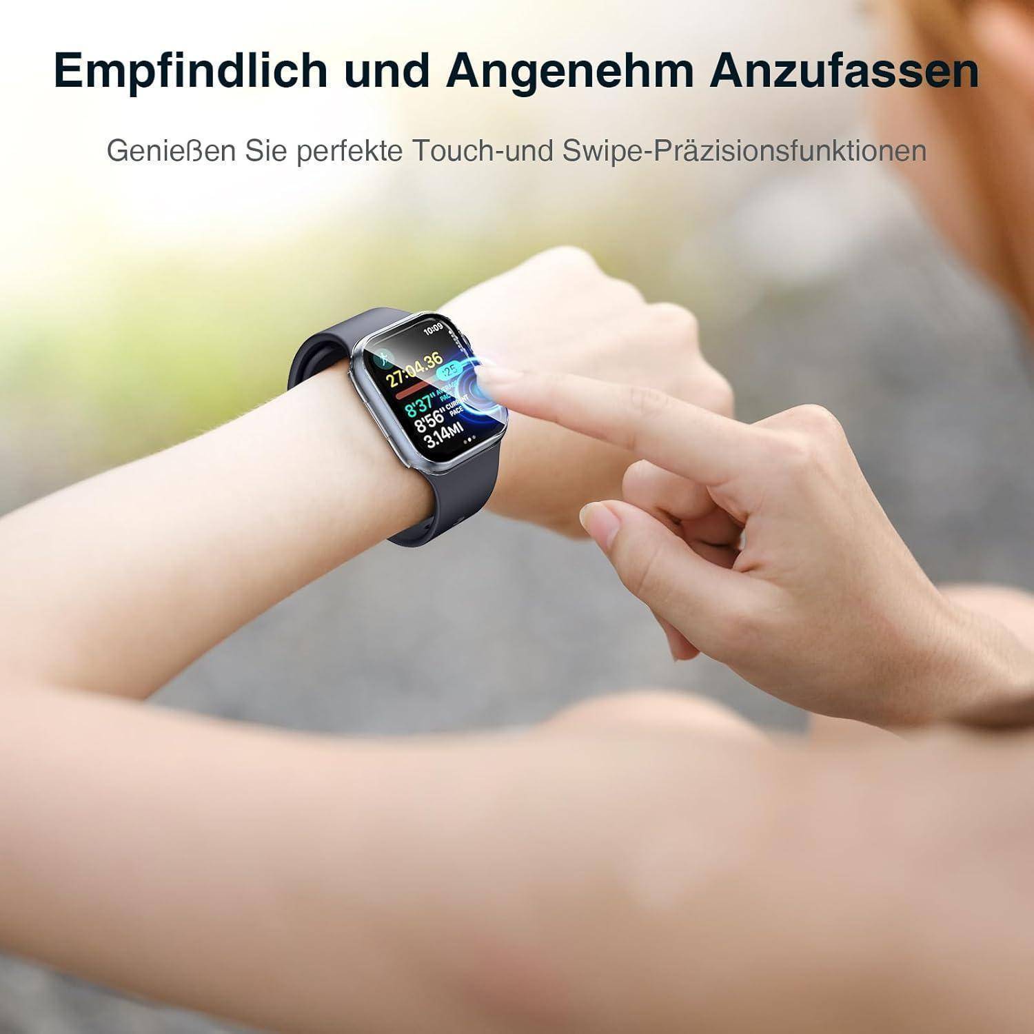 Eine Smartwatch am Handgelenk zeigt eine farbenfrohe Aktivitätsschnittstelle. Eine Hand zeigt auf den Bildschirm. Die Bildunterschrift betont die Touchempfindlichkeit.