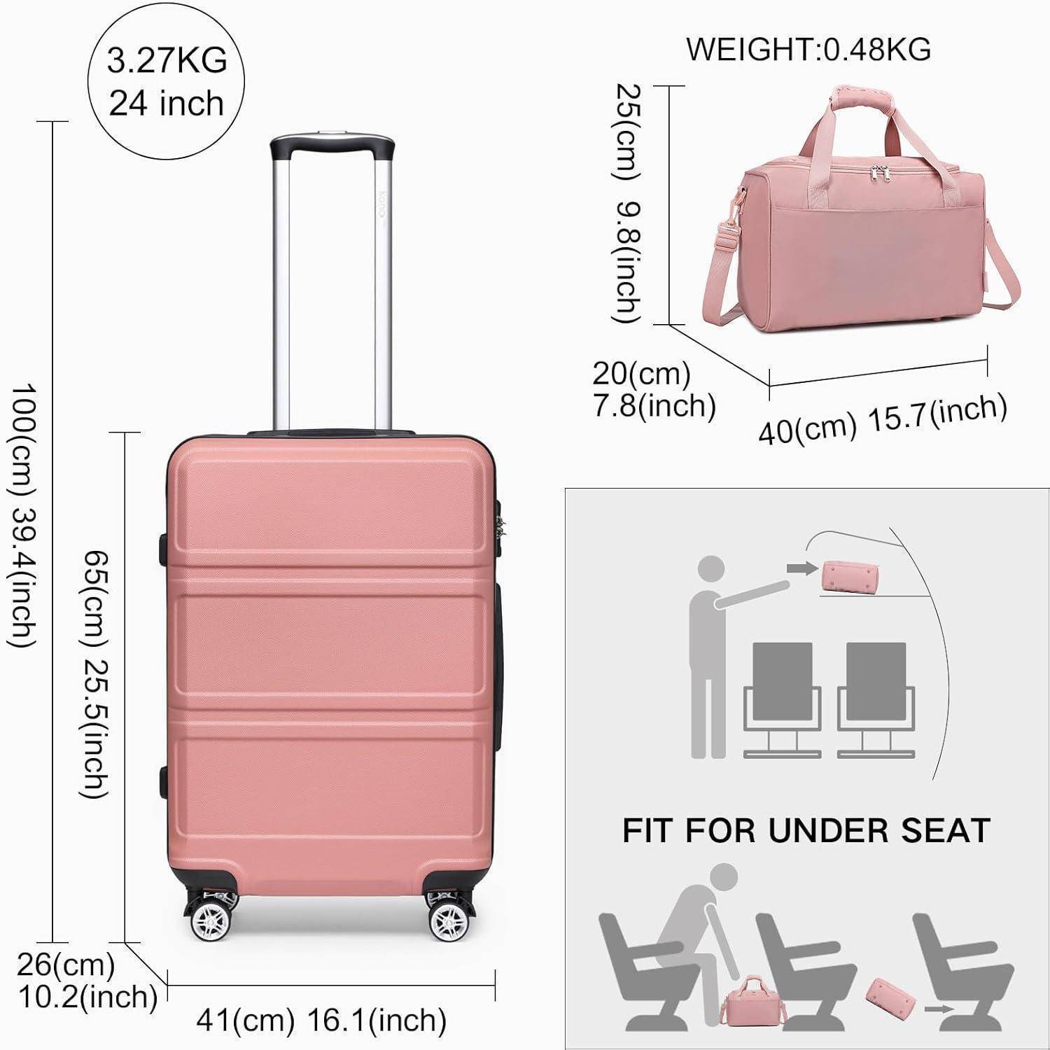 Rosa Koffer mit den Maßen 65 cm x 41 cm x 26 cm, ein Gewicht von 3,27 kg, zusammen mit einer Tasche von 20 cm x 40 cm x 25 cm, die 0,48 kg wiegt, passt unter den Sitz.