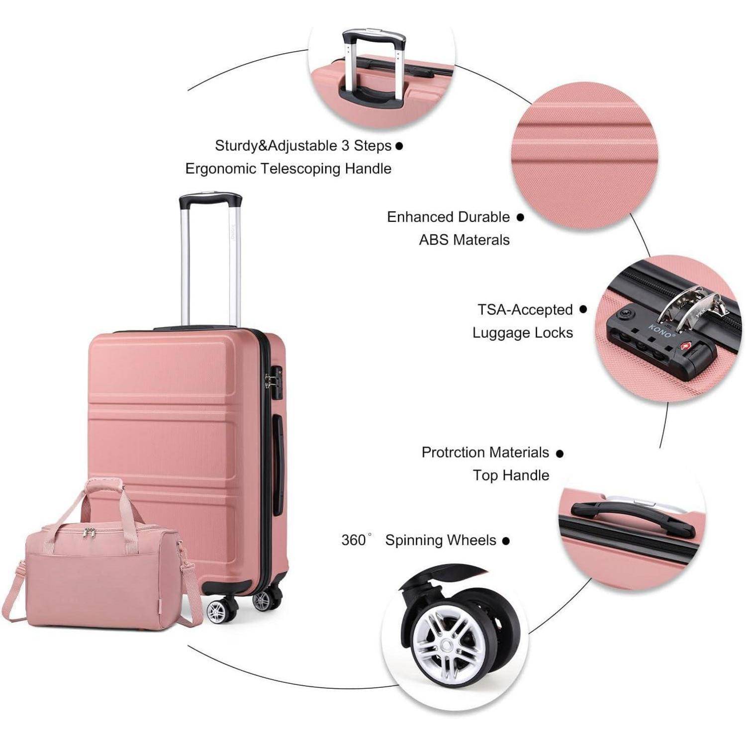 Rosa Koffer mit ausziehbarem Griff, drehbaren Rollen und TSA-Schlössern. Enthält kleinere Tasche. Anmerkungen heben Schlüsselmerkmale hervor.