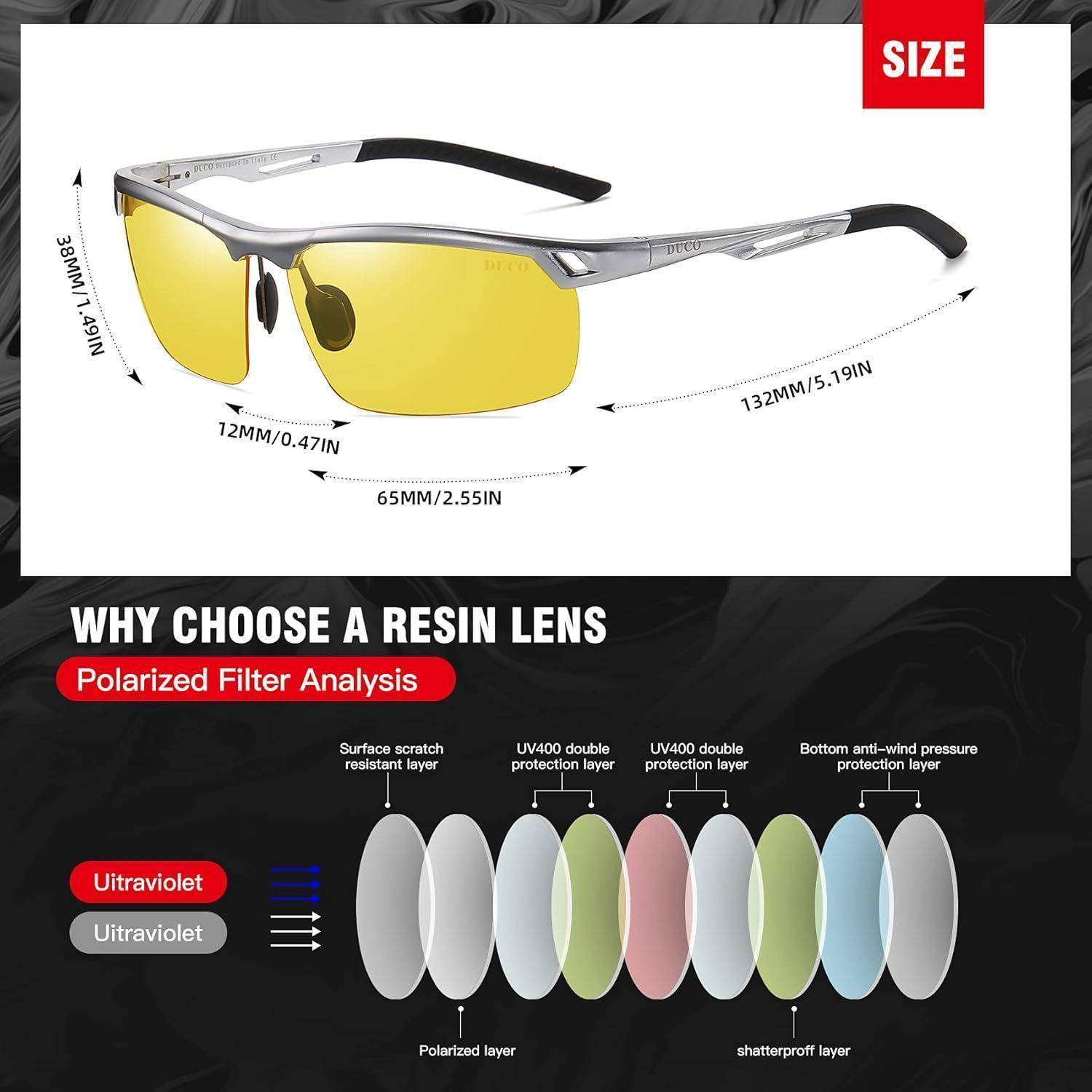Sonnenbrille mit gelben Harzlinsen, Abmessungen beschriftet. Merkmale umfassen polarisierenden Filter, UV-Schutz, splitterfest, winddruckresistent.
