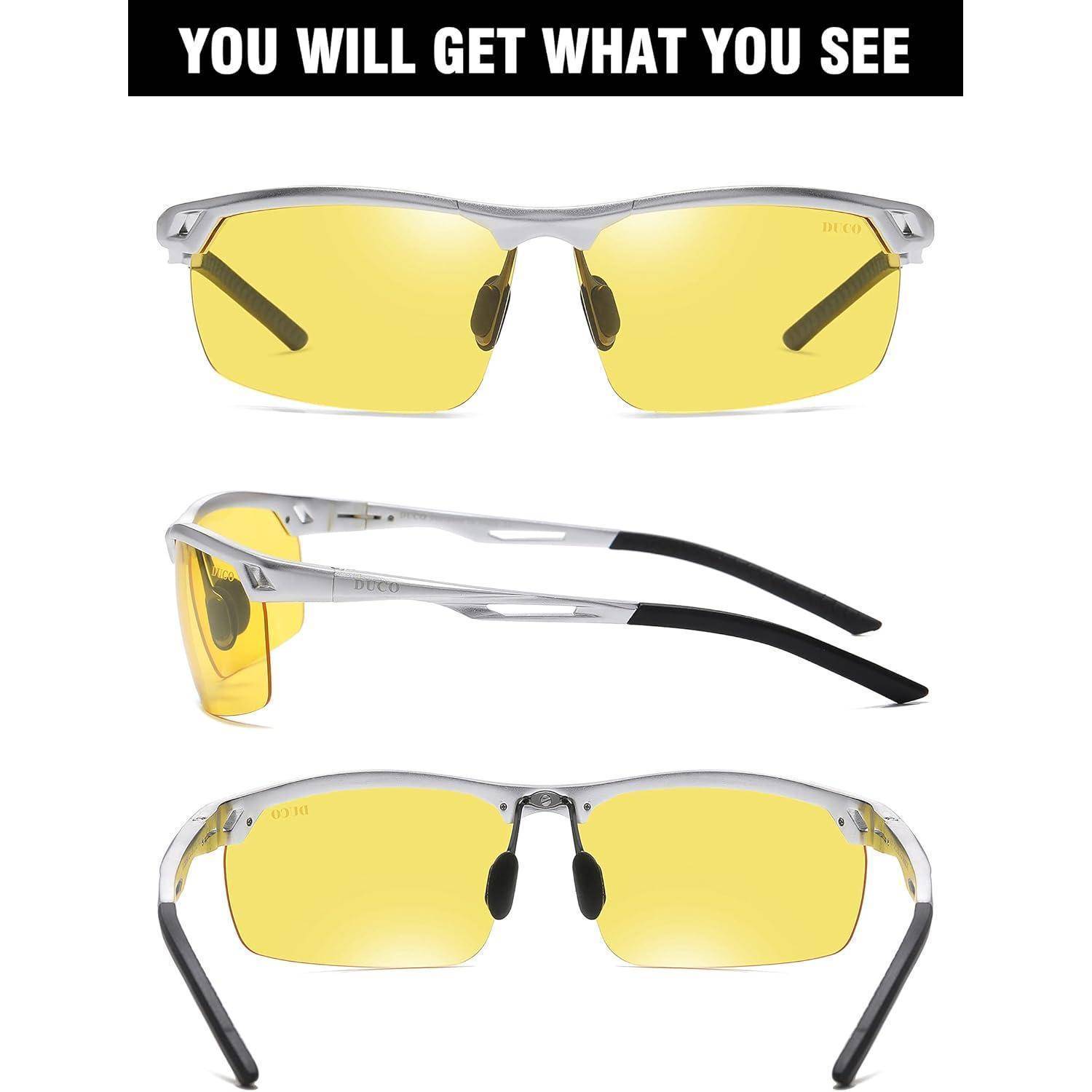 Gelbe Sonnenbrille, von vorne, von der Seite und von hinten gezeigt. Schwarze Bügel kontrastieren mit metallischen Rahmen. Text darüber liest: 