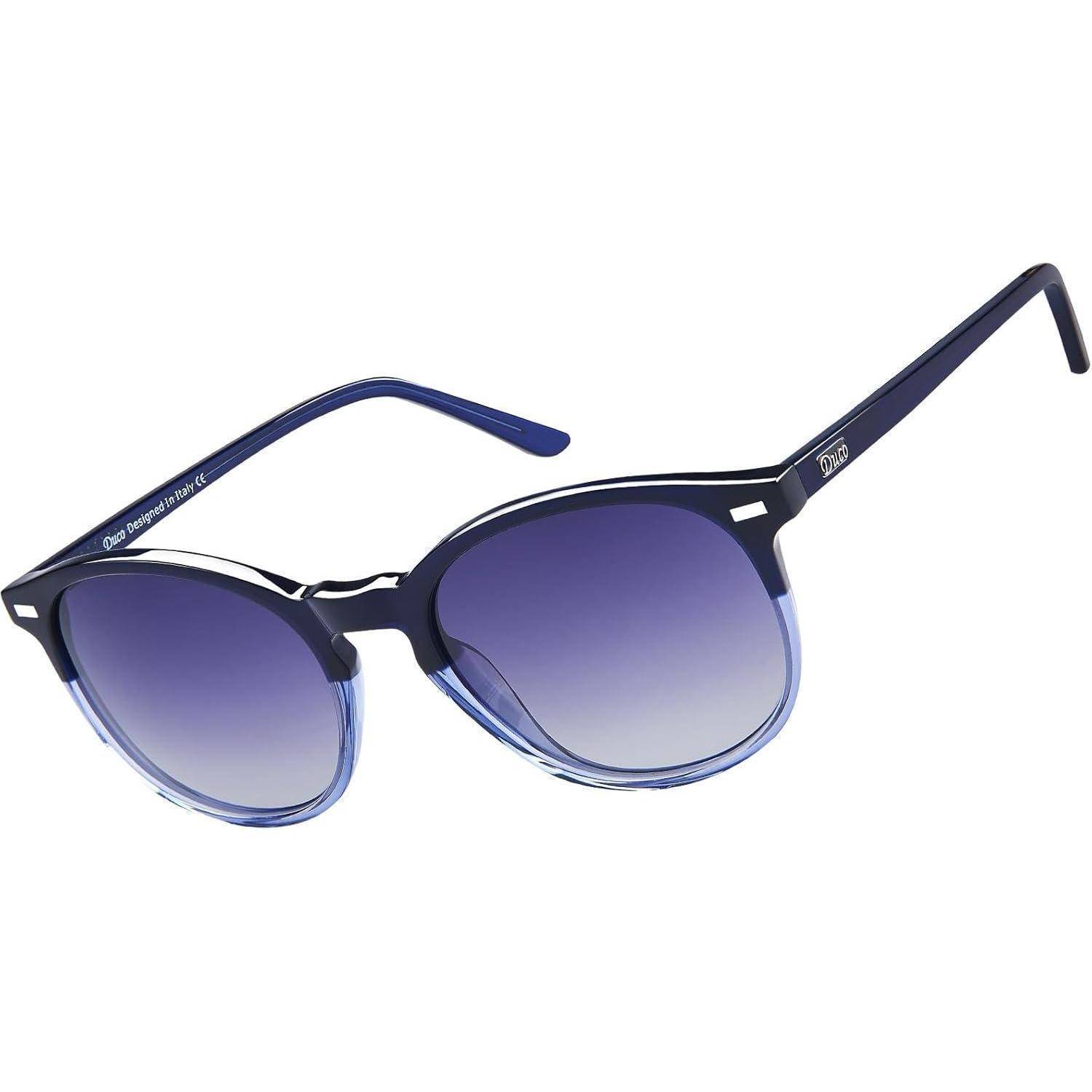 Stilvolle Sonnenbrille mit dunkelblau verlaufenden Gläsern und dünnen blauen Rahmen, entwickelt, um UV-Schutz zu bieten und gleichzeitig einen modernen Look zu kreieren.