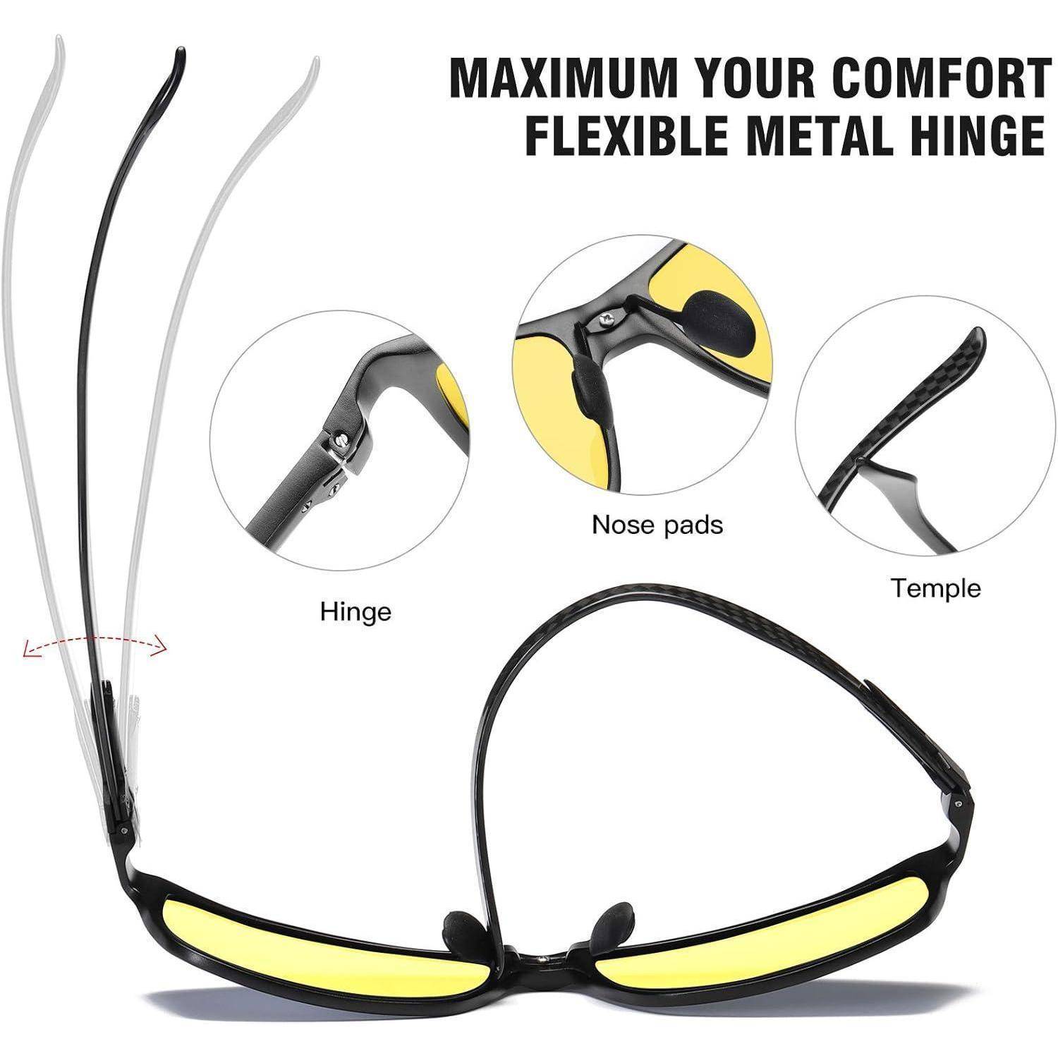Gelbe Brillengläser, die flexible Metallscharniere, verstellbare Nasenpads und detaillierte Ansichten des Scharniers und Bügel-Designs präsentieren. Text liest sich: 