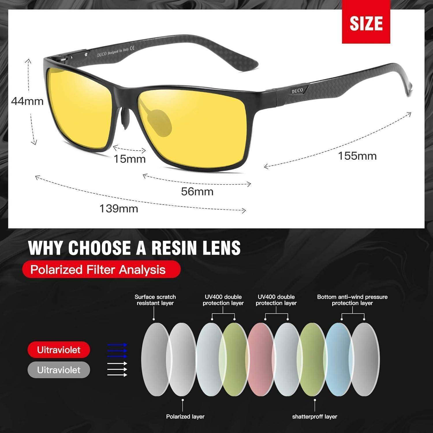 Polarisierte Sonnenbrille Bild mit Maßen: Glasbreite 56mm, Steg 15mm, Armlänge 155mm. Diagramm, das die Resinschichten der Gläser für UV-Schutz erklärt.