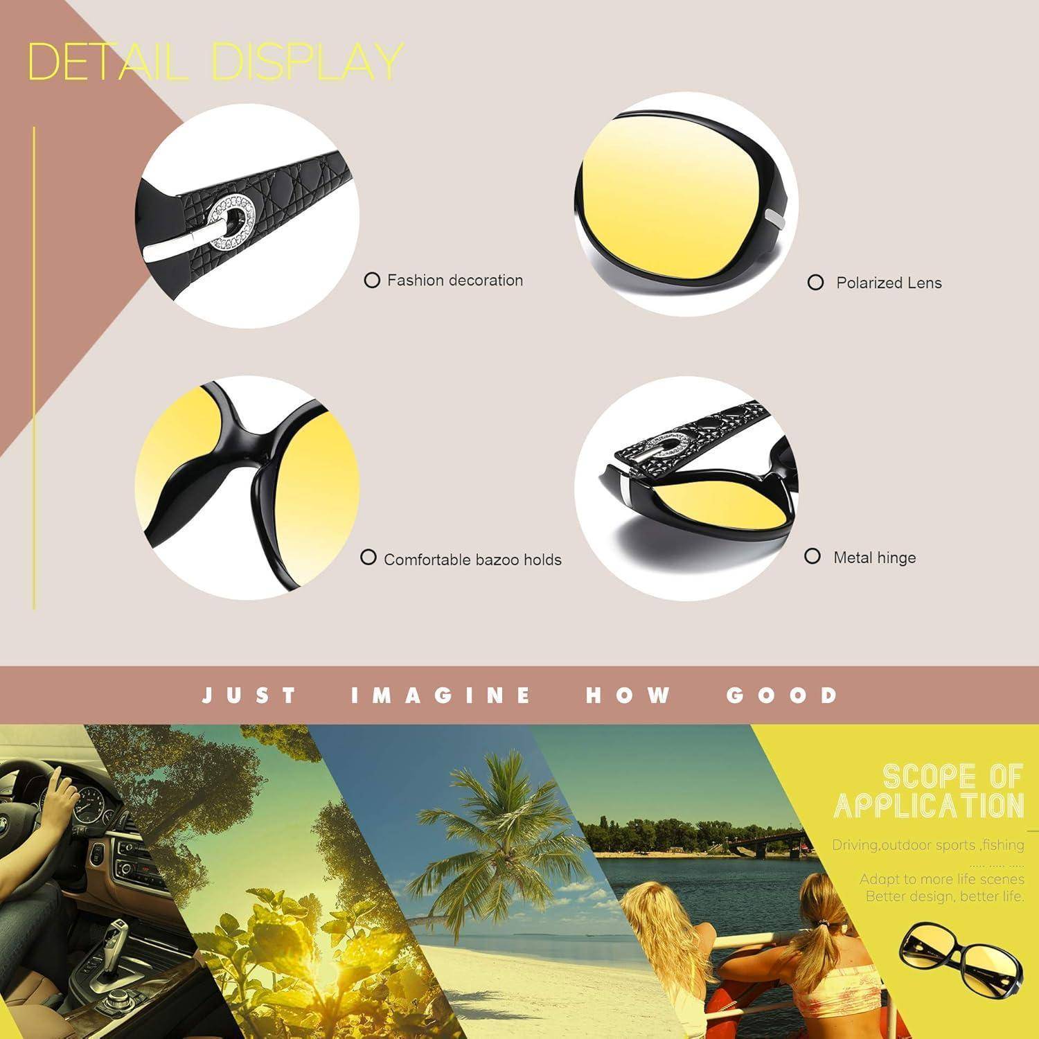 Detailanzeige mit Bildern von Sonnenbrillen, die folgende Merkmale zeigt: Modeschmuck, polarisierte Gläser, bequeme Einfassungen, Metallscharniere. Der untere Abschnitt präsentiert Lifestyle-Bilder mit dem Text 