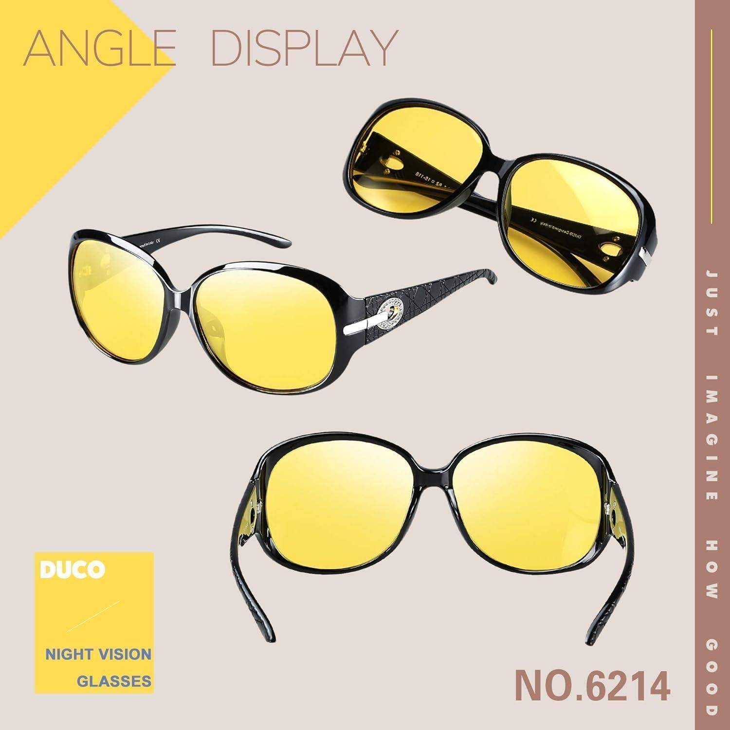 Gelb getönte Sonnenbrille in drei Winkeln, beschriftet mit 'DUCO Night Vision Glasses NO.6214'. Vertikaler Text liest sich 'Just imagine how good'.