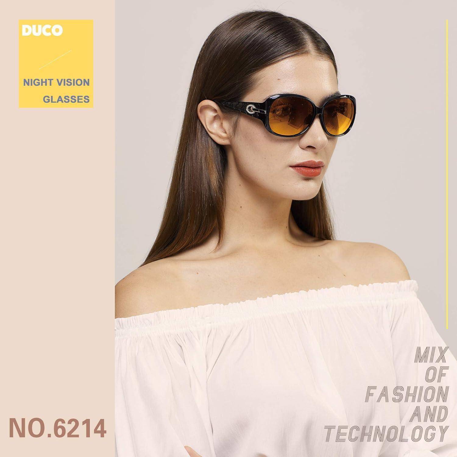 Eine Frau mit Sonnenbrille posiert vor einem neutralen Hintergrund. Der Text lautet: ‚DUCO Nachtfahrbrille Nr. 6214' und ‚Mischung aus Mode und Technologie'.