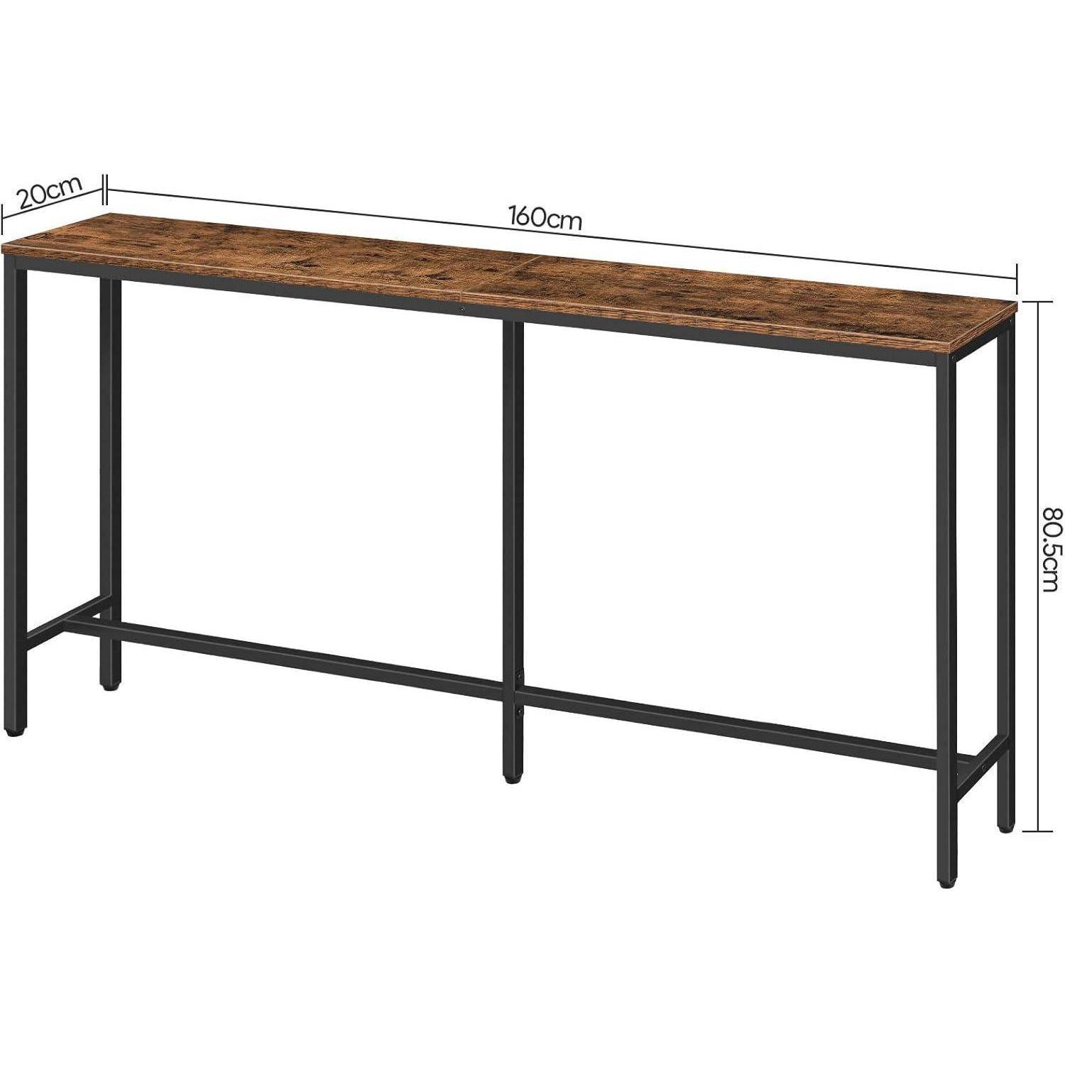 Industrieller Konsolentisch mit Holzplatte und schwarzem Metallgestell. Abmessungen: 160 cm Länge, 20 cm Breite, 80,5 cm Höhe.