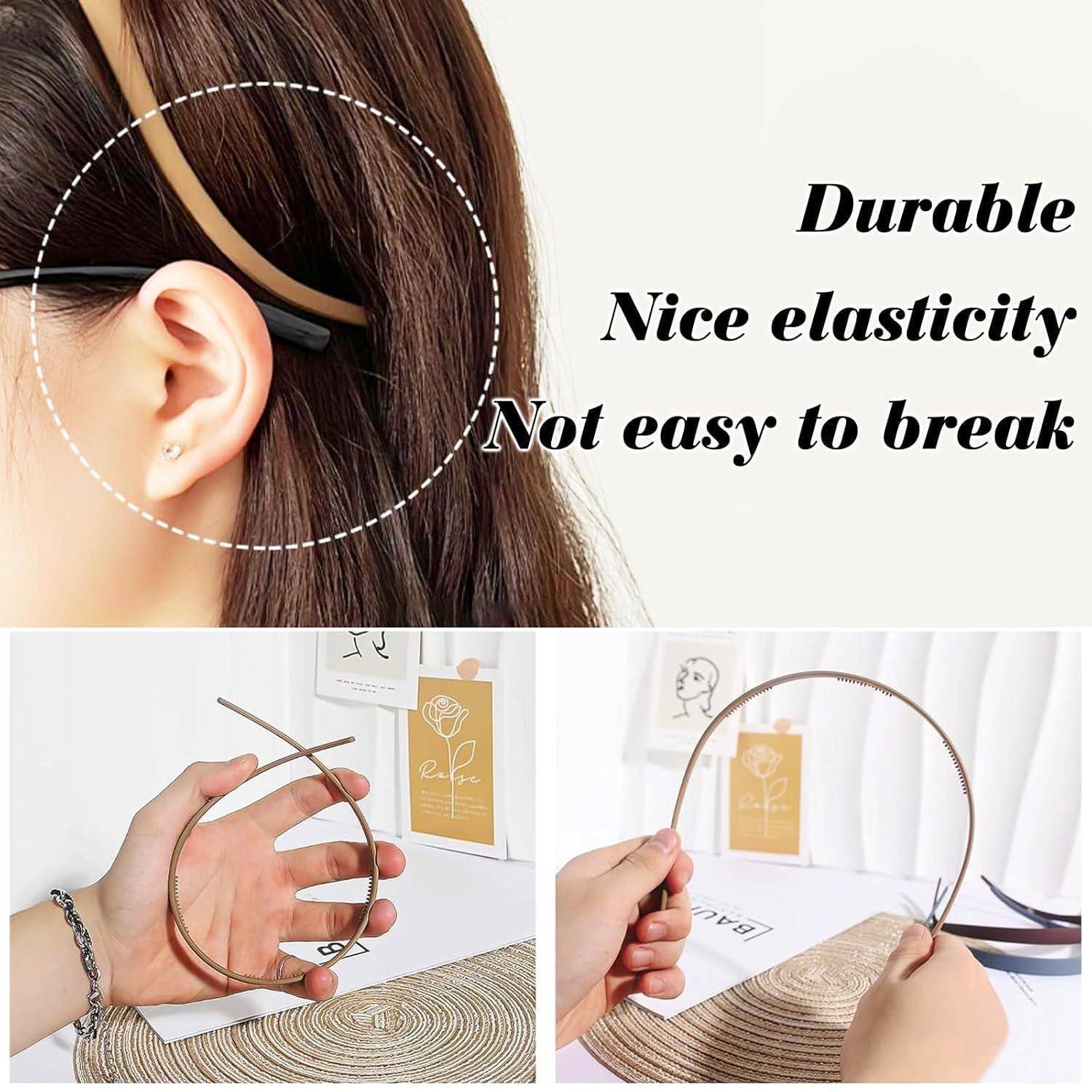 Das Bild zeigt eine Nahaufnahme einer Frau, die ein flexibles Haarband trägt, wobei dessen Haltbarkeit und Elastizität hervorgehoben werden. Zwei kleinere Bilder zeigen Hände, die das Haarband biegen, um seine Flexibilität zu demonstrieren. Der Text lautet: „Langlebig, Schöne Elastizität, Nicht leicht zu brechen