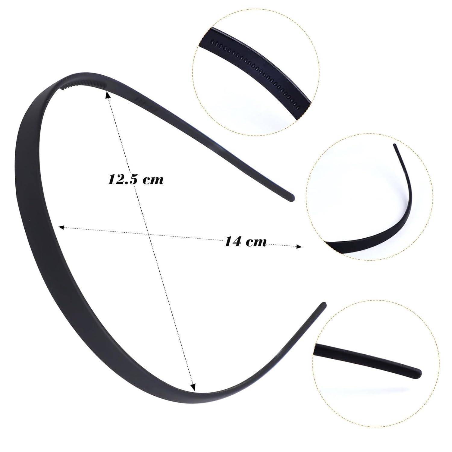Ein schwarzes Haarband mit einer Breite von 12,5 cm und einer Länge von 14 cm, mit Detailaufnahmen, die seine glatte Textur und abgerundeten Kanten zeigen.