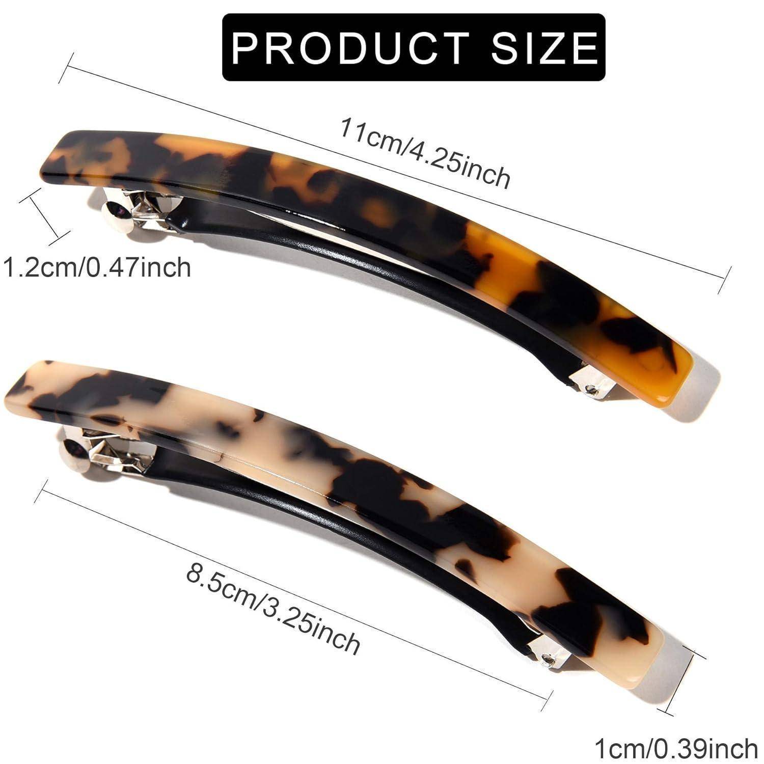 Schildpatt-Haarspangen mit Maßen: Obere Spange 11 cm/4,25 Zoll, untere Spange 8,5 cm/3,25 Zoll. Breite 1,2 cm/0,47 Zoll.