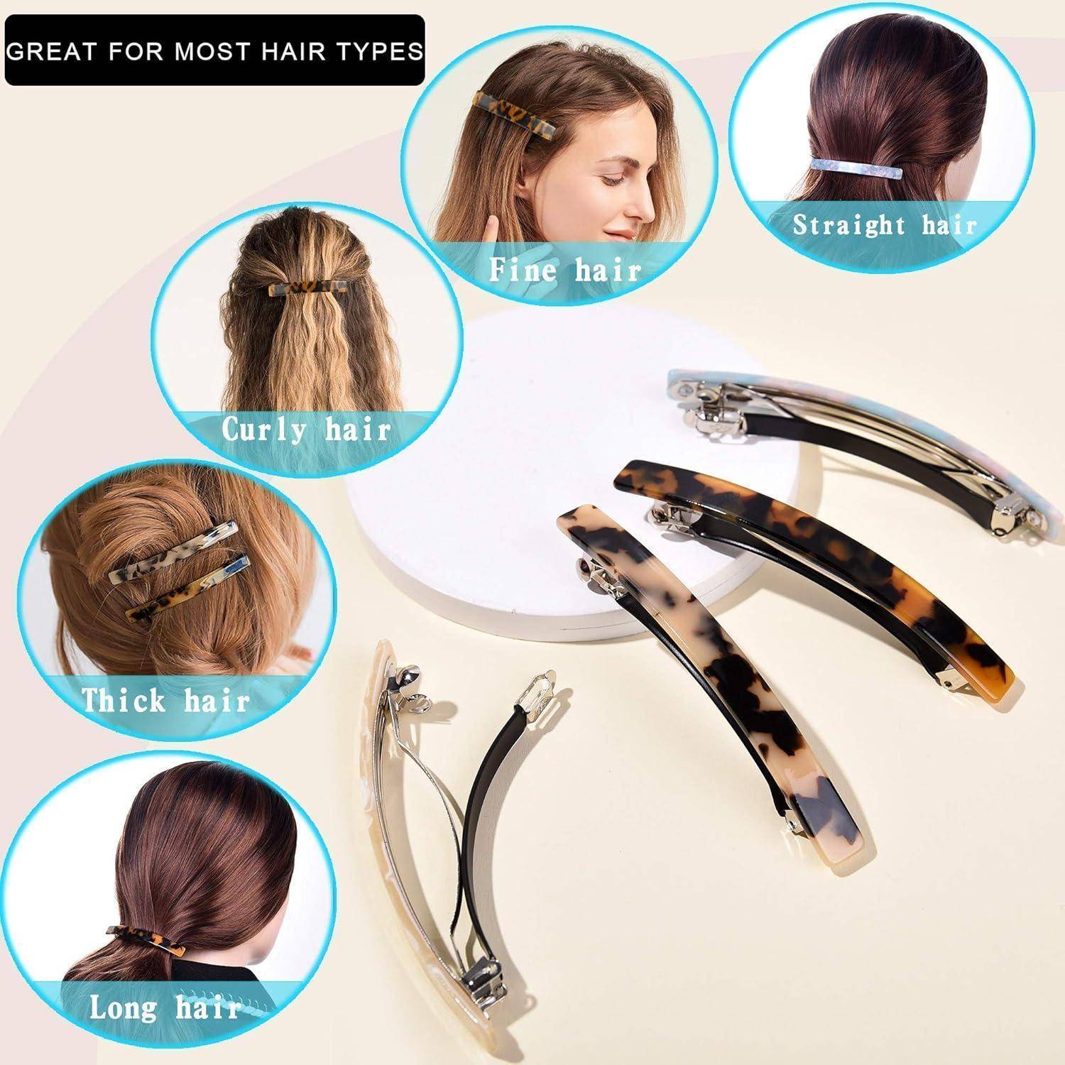 Haarspangen in verschiedenen Designs, gekennzeichnet mit den Etiketten 'Lockiges Haar', 'Dickes Haar', 'Langes Haar', 'Feines Haar', 'Glattes Haar'. Geeignet für die meisten Haartypen.