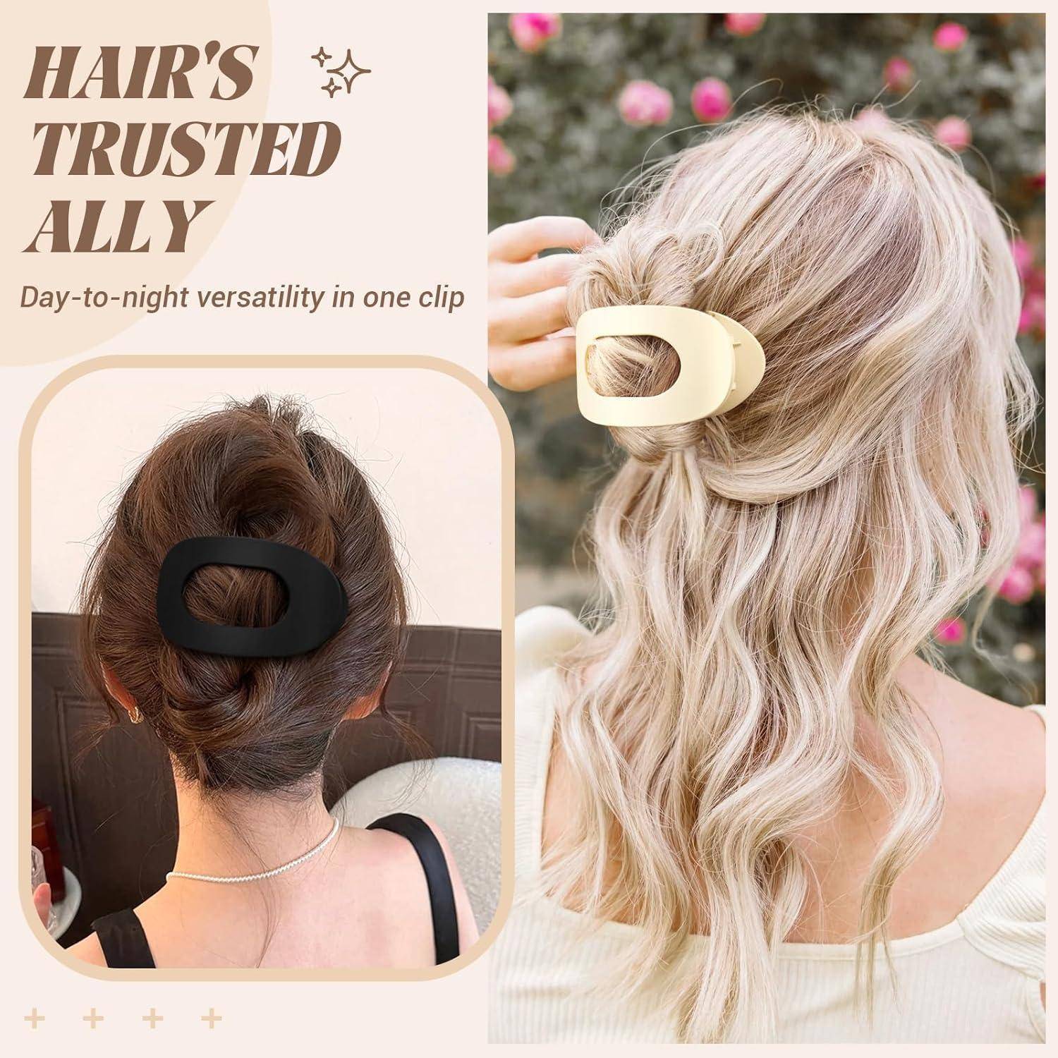 Zwei Frauen zeigen verschiedene Frisuren mit Haarspangen; eine mit einem Dutt und einer schwarzen Spange, die andere mit gewelltem Haar und einer beigen Spange. Text lautet: 'Der vertrauenswürdige Helfer für die Haare'.