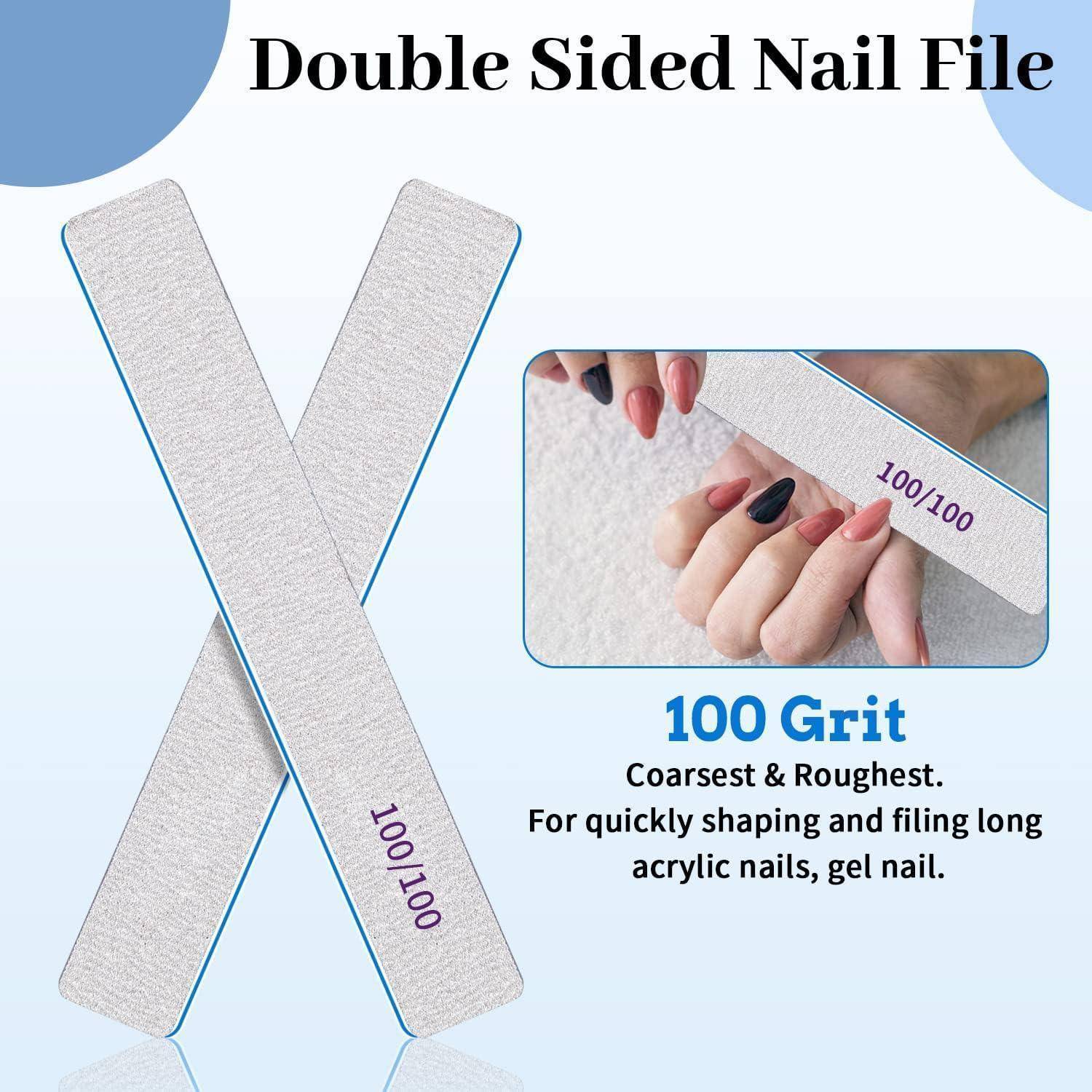 Doppelseitige Nagelfeile mit '100/100' Körnung. Grob und rauh, geeignet zum Formen und Feilen von langen Acrylnägeln.