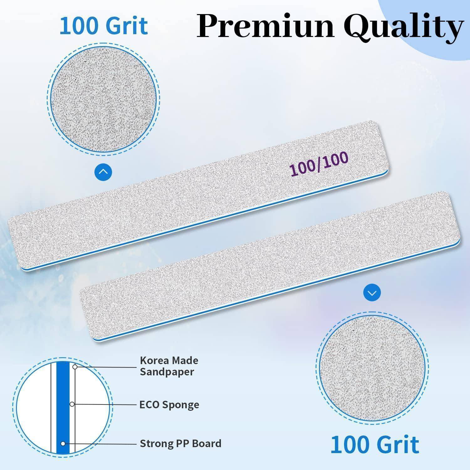 Nagelfeilen-Set mit zwei 100/100-Körnungs-Feilen, beschriftet mit Schichten: Korea Made Sandpapier, ECO-Schwamm, Starke PP-Platine.