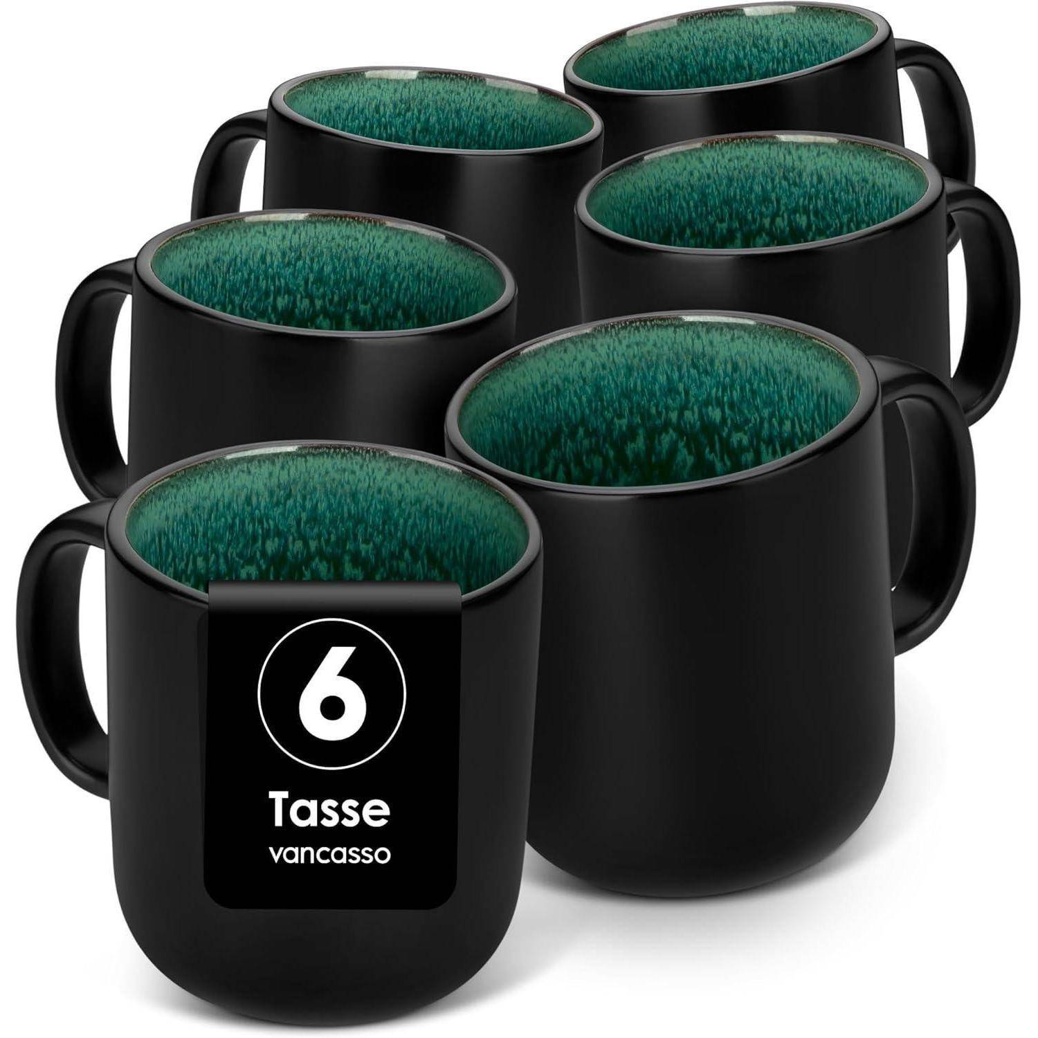 Sechser-Set schwarzer vancasso Tassen mit grüner Innenseite, in zwei Reihen angeordnet. Jede Tasse verfügt über einen abgerundeten Henkel und ein schlankes Design.