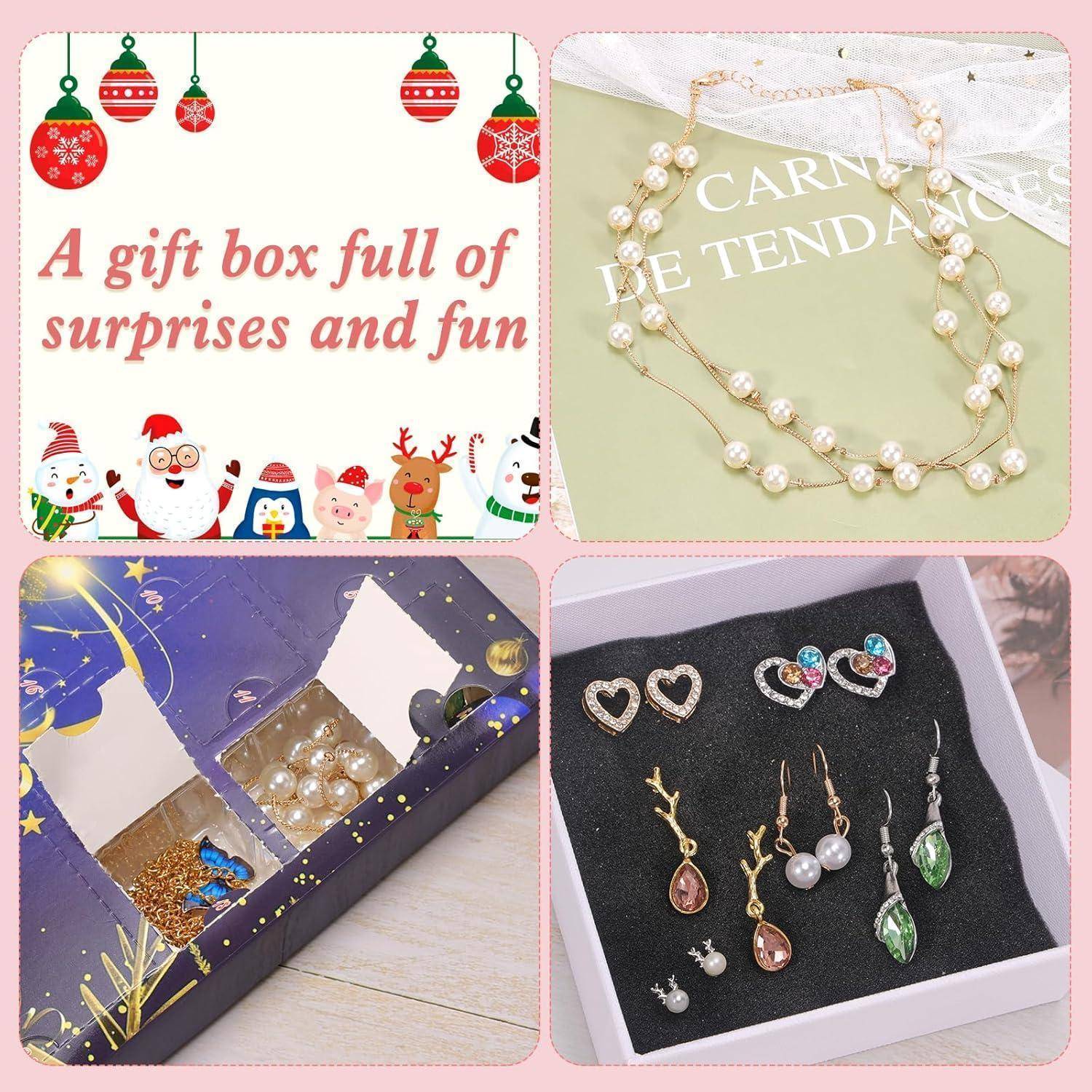 Eine Collage von Schmucksets mit Perlenketten, Ohrringen und einer Box mit der Aufschrift „Eine Geschenkbox voller Überraschungen und Freude
