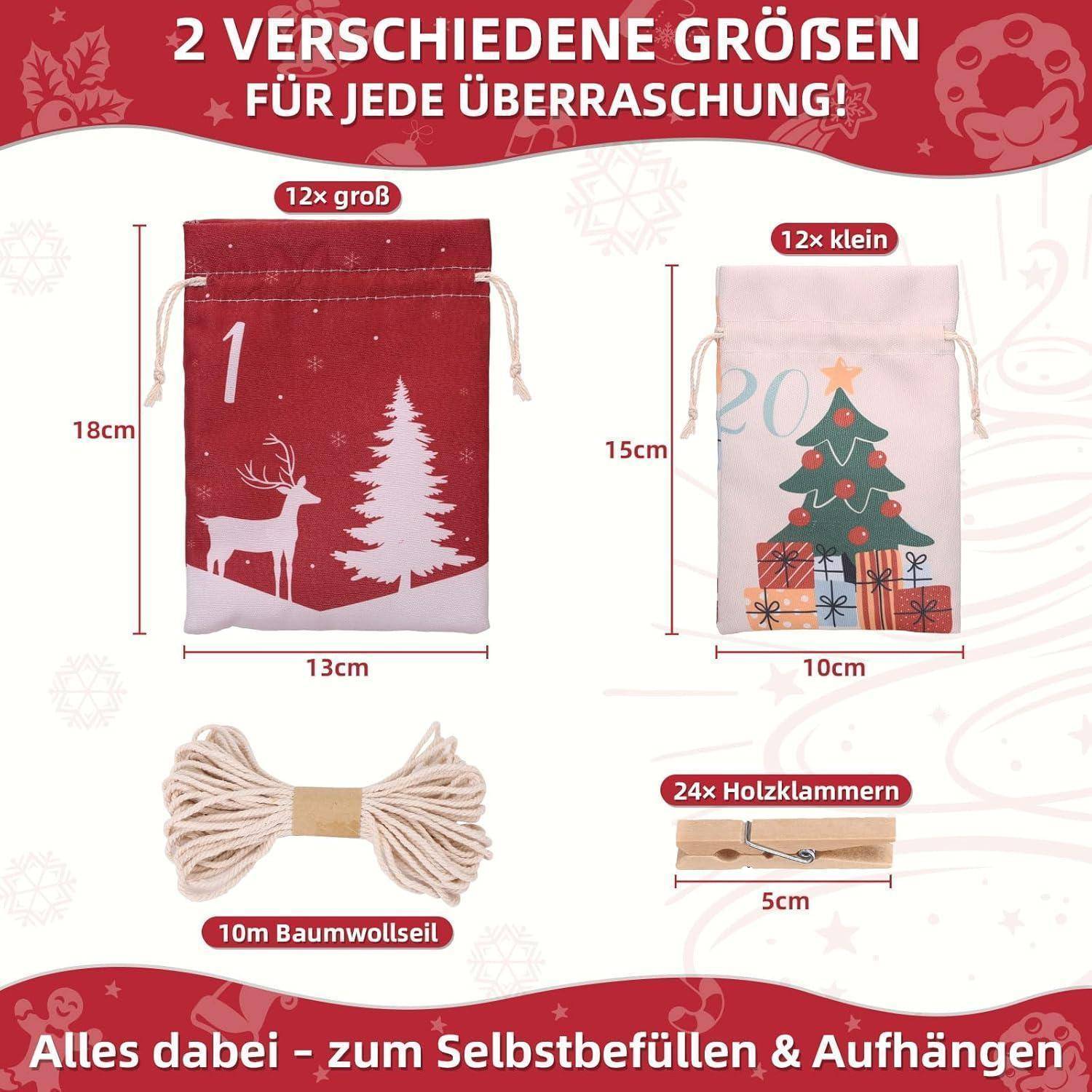 2 verschiedene Größen für jede Überraschung! 12x groß: 15x20 cm, 12x klein: 10x13 cm. Inklusive 10m Baumwollseil, 24x Holzklammern.