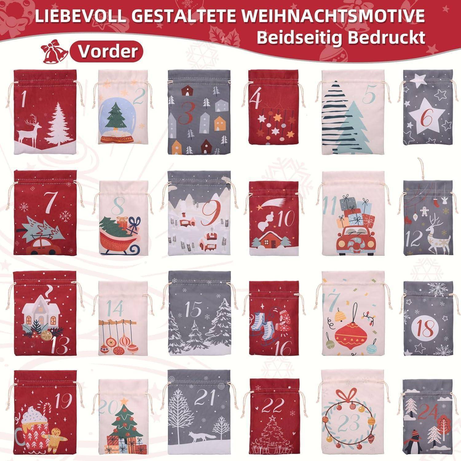 Adventskalender mit 24 illustrierten Beuteln. Jeder Beutel zeigt festliche Motive wie Bäume, Häuser und Tiere mit den Nummern 1-24.