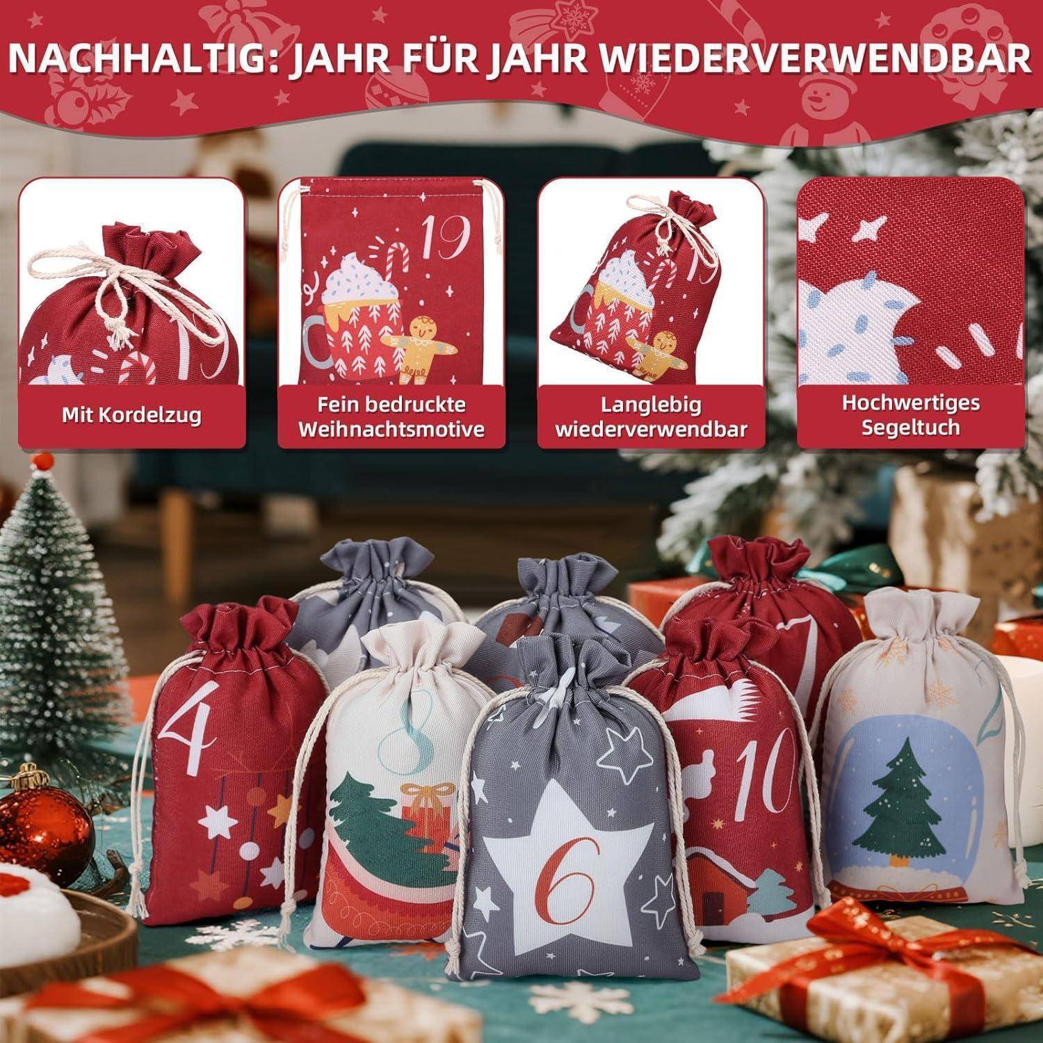 Adventskalender zum Befüllen 24 Stoffsäckchen mit Klammern und Schnur