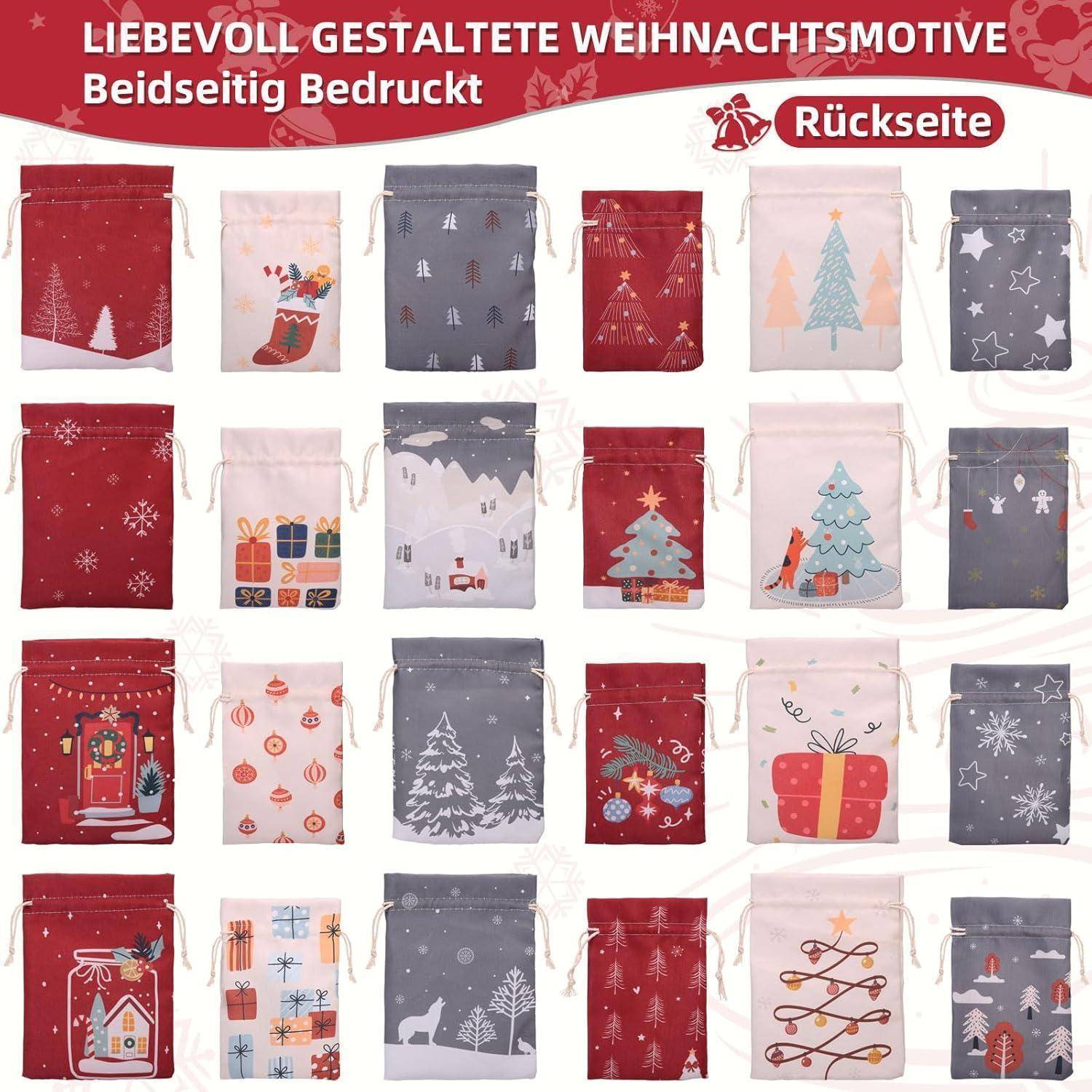 Sammlung verschiedenfarbiger und gemusterter Weihnachtspouches mit Abbildungen von Bäumen, Sternen und festlichen Dekorationen.