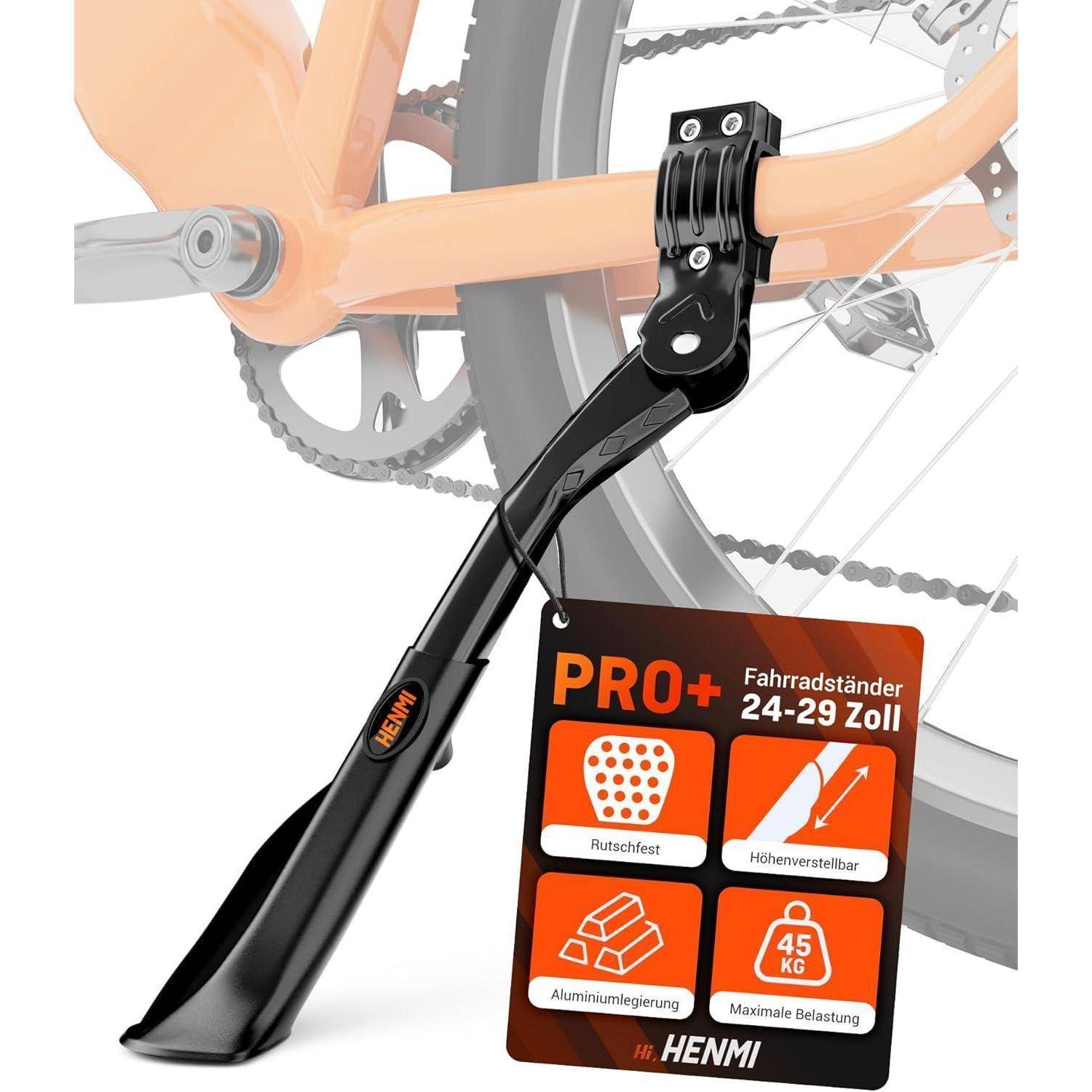 Fahrrad-Ständer mit der Aufschrift 'PRO+' unterstützt Fahrräder von 24-29 Zoll, höhenverstellbar, mit einer maximalen Belastung von 45 kg, rutschfeste Konstruktion. In den Farben Orange und Schwarz.