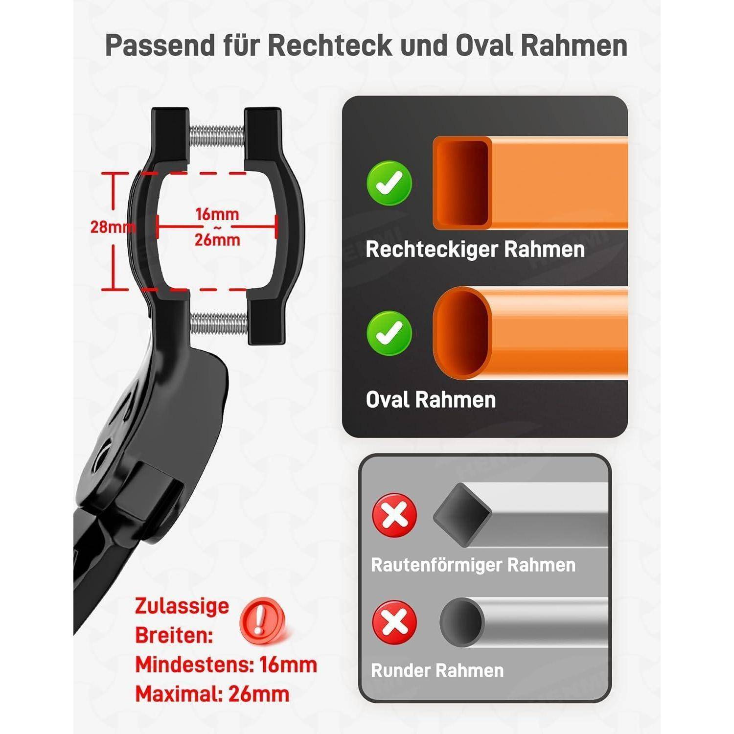 Fahrradschlosshalter, kompatibel mit rechteckigen und ovalen Rahmen, 16-28 mm. Nicht geeignet für Diamant- oder runde Rahmen.