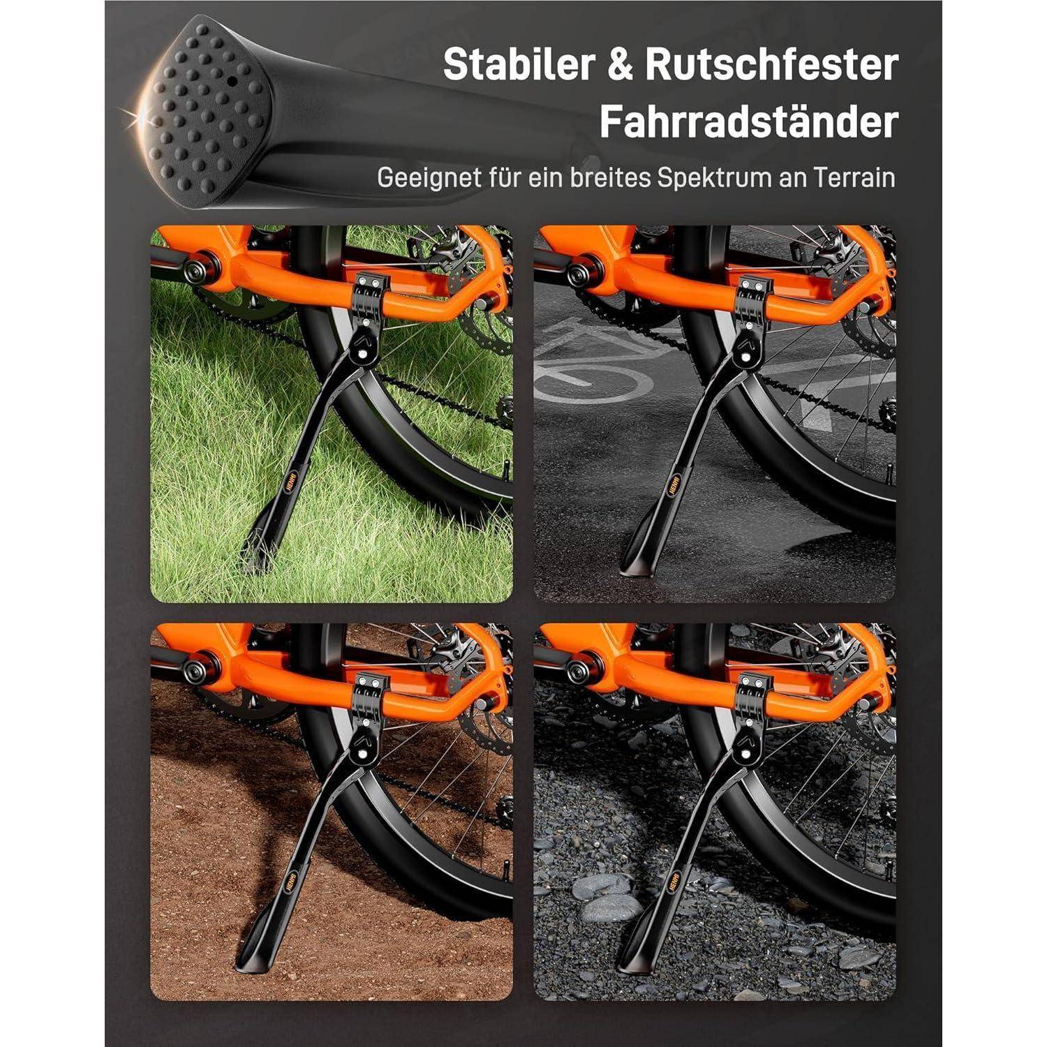 Stabiler & Rutschfester Fahrradständer. Vier Bilder zeigen einen Fahrradständer auf verschiedenen Untergründen: Gras, Kies, Erde und Stein.