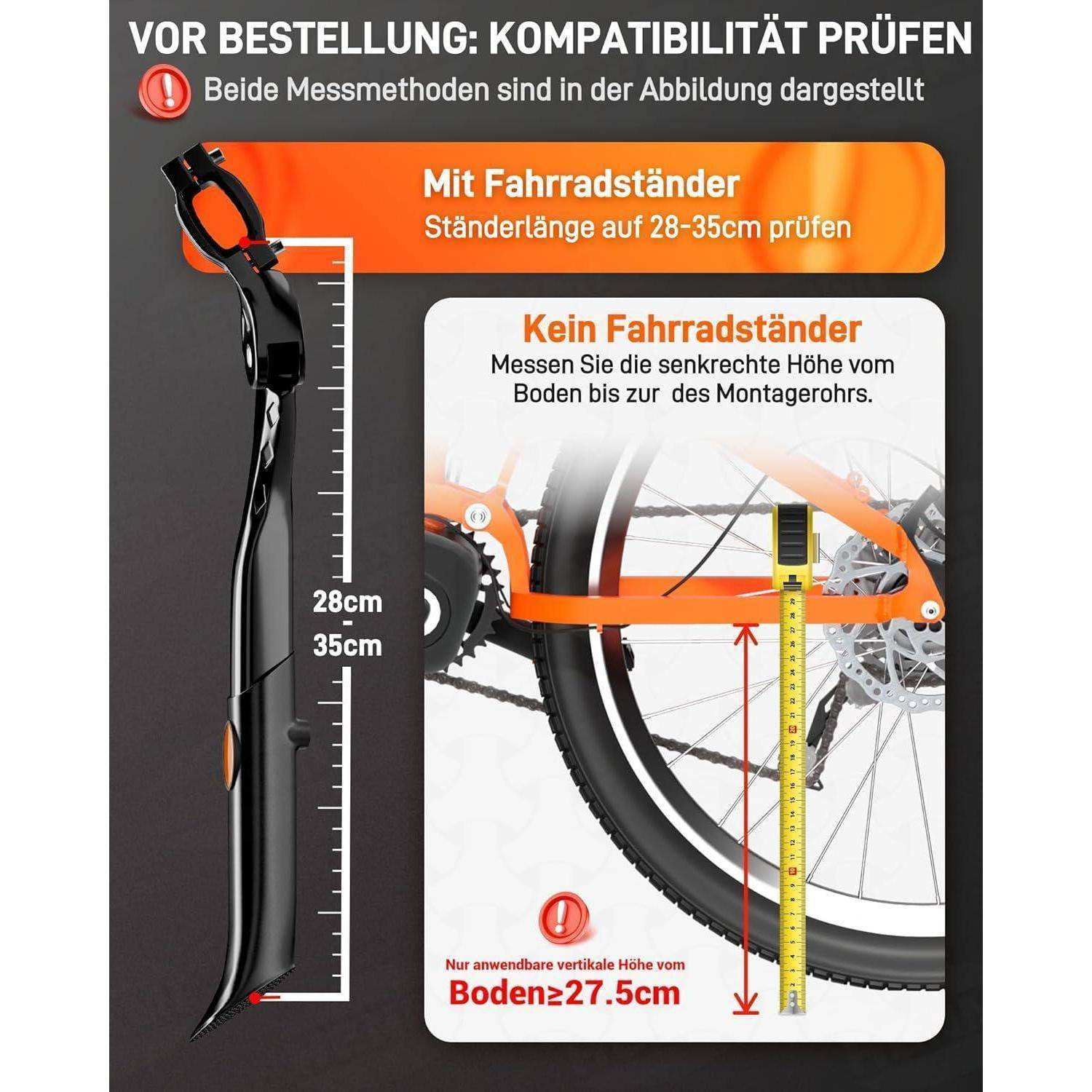Vor-Kaufkompatibilitätsprüfung: Messen Sie die Länge des Fahrradständers (28-35 cm) oder die vertikale Höhe vom Boden bis zum Befestigungspunkt (mindestens 27,5 cm).