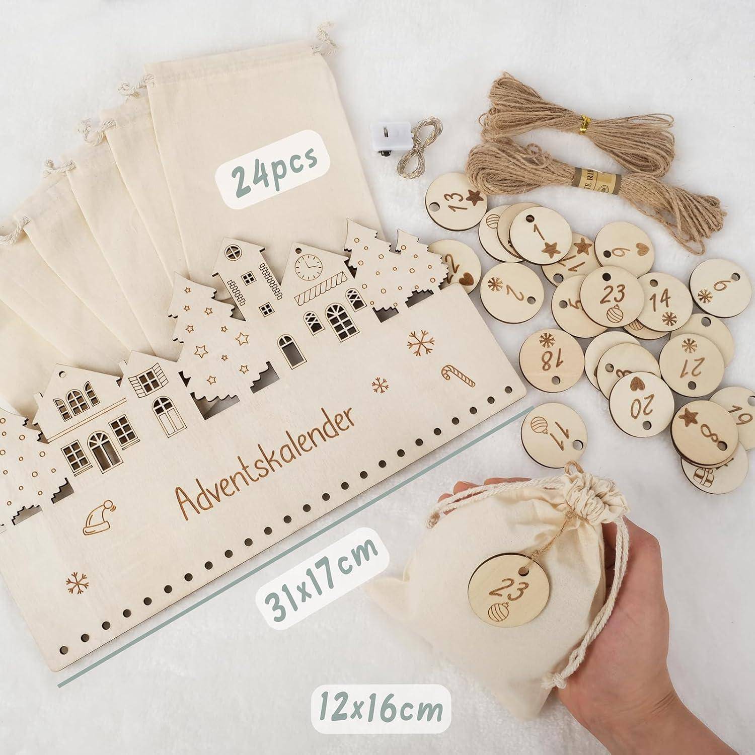Adventskalender-Set mit Holzdorf-Dekoration, 24 nummerierten Holzplättchen, Geschenktüten mit Beschriftung '12x16cm', '31x17cm', Bindfaden.